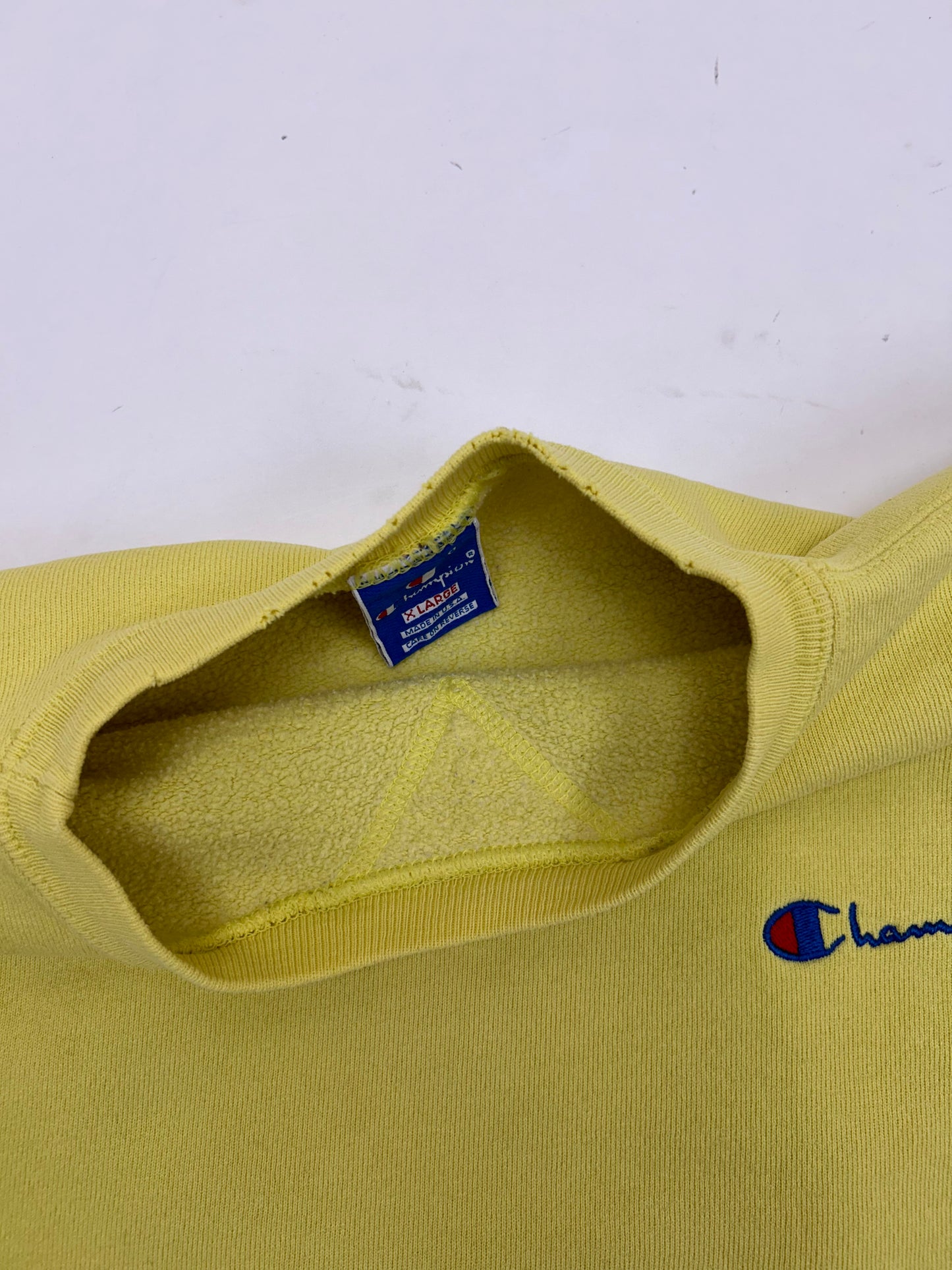 Vintage Champion Chest Script Logo Crewneck Sweatshirt Worn In Well Yellow USA Boxy Fit M/L 24.5x25 Inches As Is