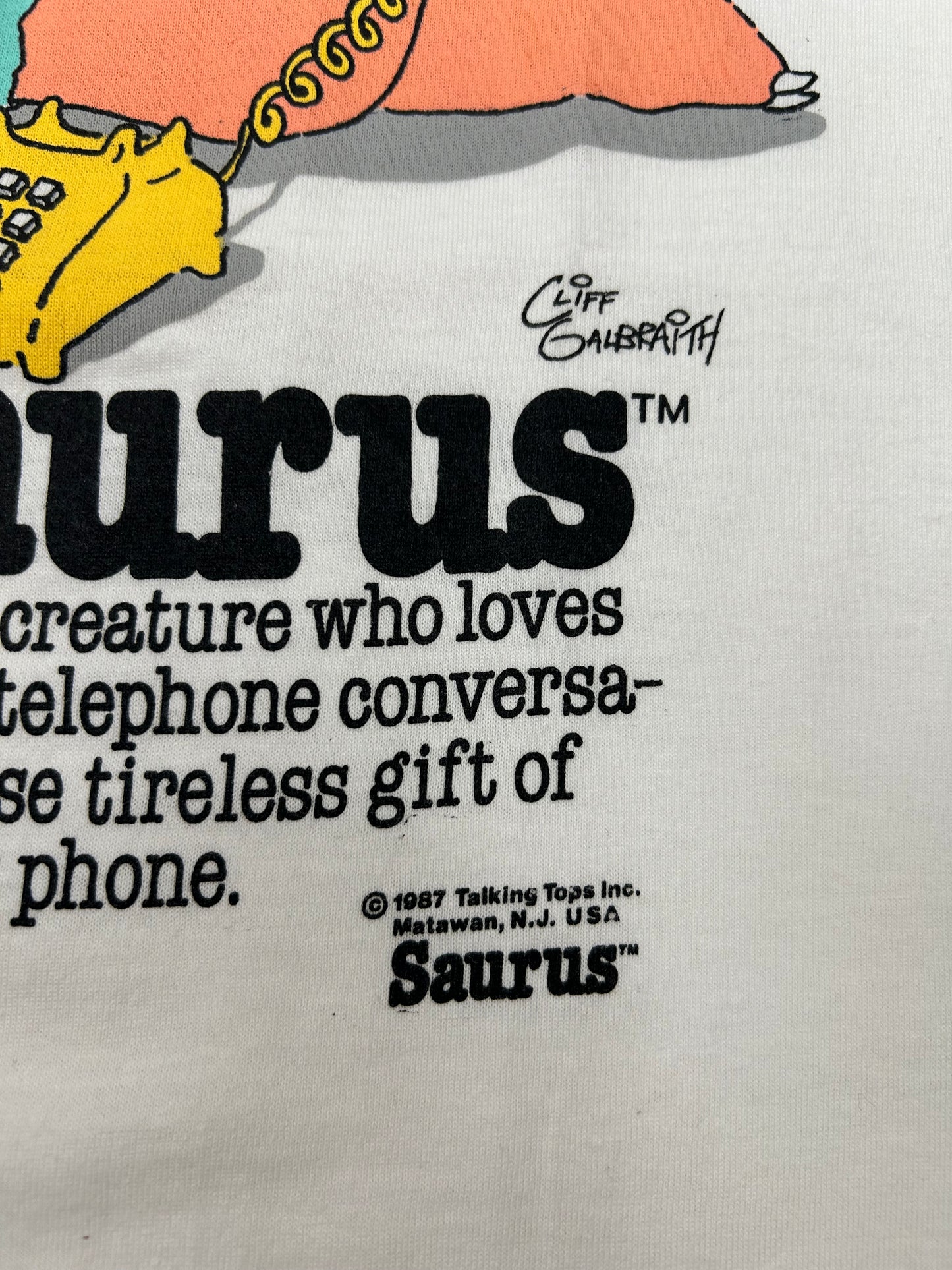 Vintage 1987 Talking Tops Saurus Phonasaurus Saurus Gang Tee Small Fit 18.25x26.75 Inches As Is