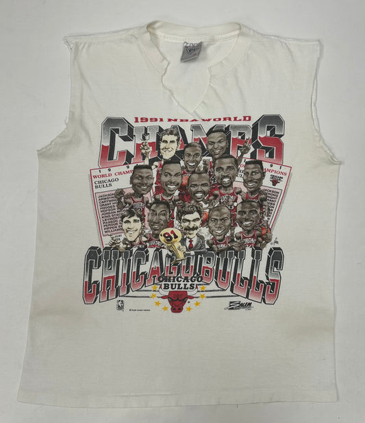 Vintage Chicago Bulls 1991 NBA Champs Caricature Team Salem Sportswear Sleeveless Chopped Tank Top Tee Medium/Small Fit