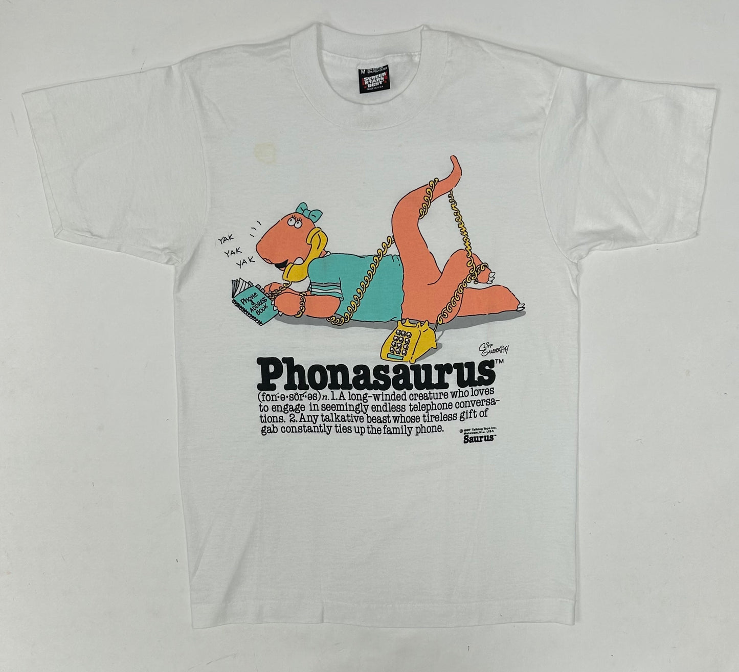 Vintage 1987 Talking Tops Saurus Phonasaurus Saurus Gang Tee Small Fit 18.25x26.75 Inches As Is