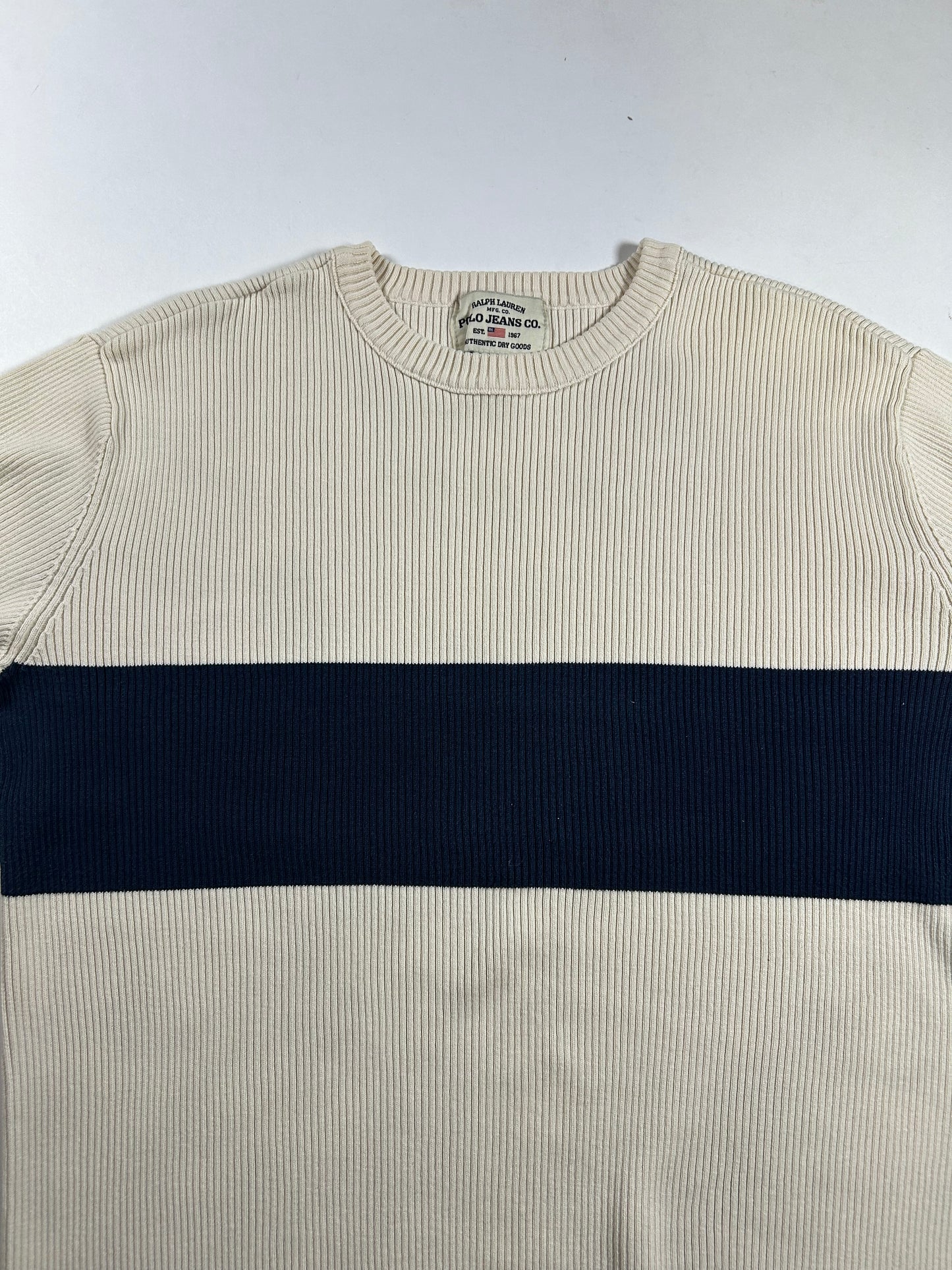 Vintage Polo Jeans Co Ralph Lauren Ribbed Cotton Sweater Cream Navy Stripe Small 20.25x24.25 Inches