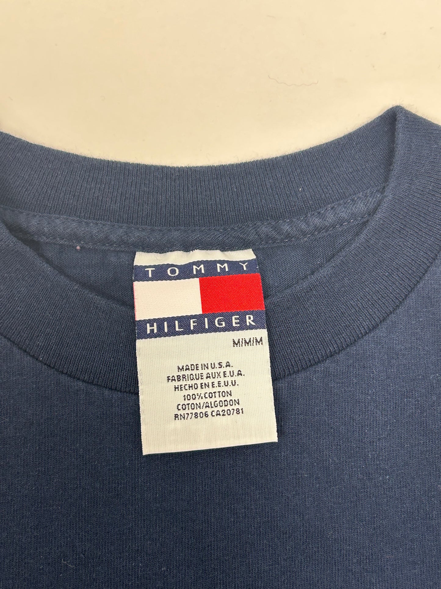 Vintage Tommy Hilfiger Freedom Jeans T Shirt Spell Out Navy Blue Medium USA 90s