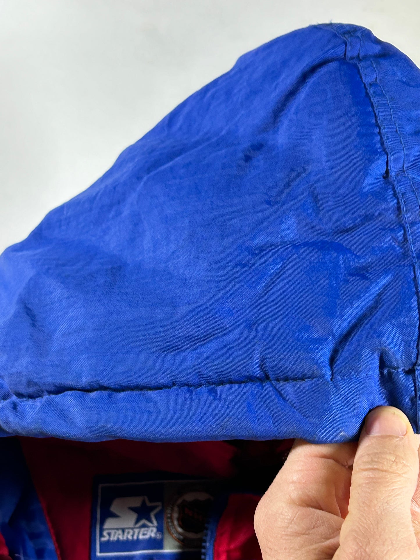 Vintage 90s Starter New York Rangers NHL Pullover Puffer Jacket Half Zip Hooded Jacket XL 29x30.25 Inches