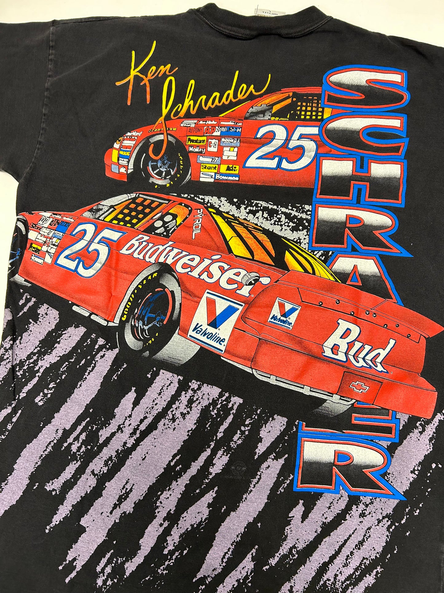 Vintage Ken Schrader Bud Racing Budweiser NASCAR All Over Print Tee Large 90s