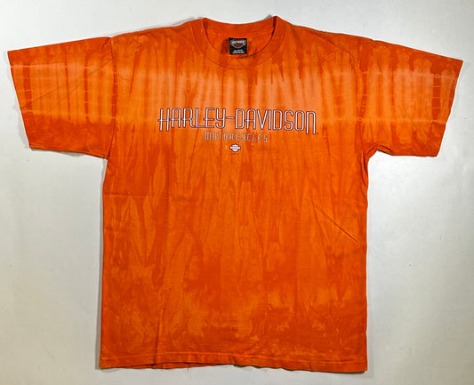 Vintage Harley Davidson Motorcycles Woodstock Tie Dye Orange Flames Tee L/XL Fit 24.25x31 Inches