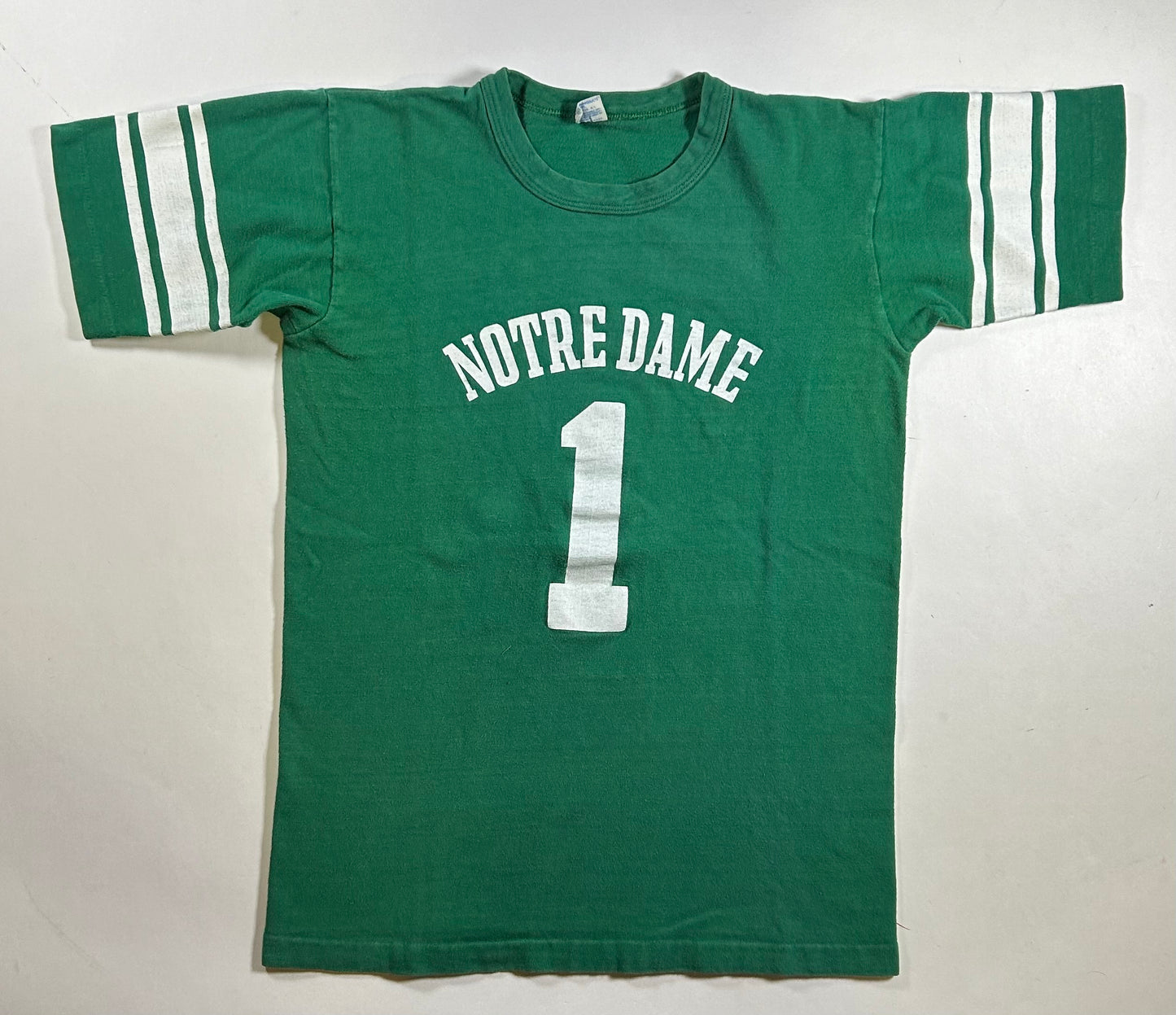 Vintage 70s Notre Dame Champion Blue Bar Green Jersey Style Tee 18.25x26 Inches Small Fit As Is
