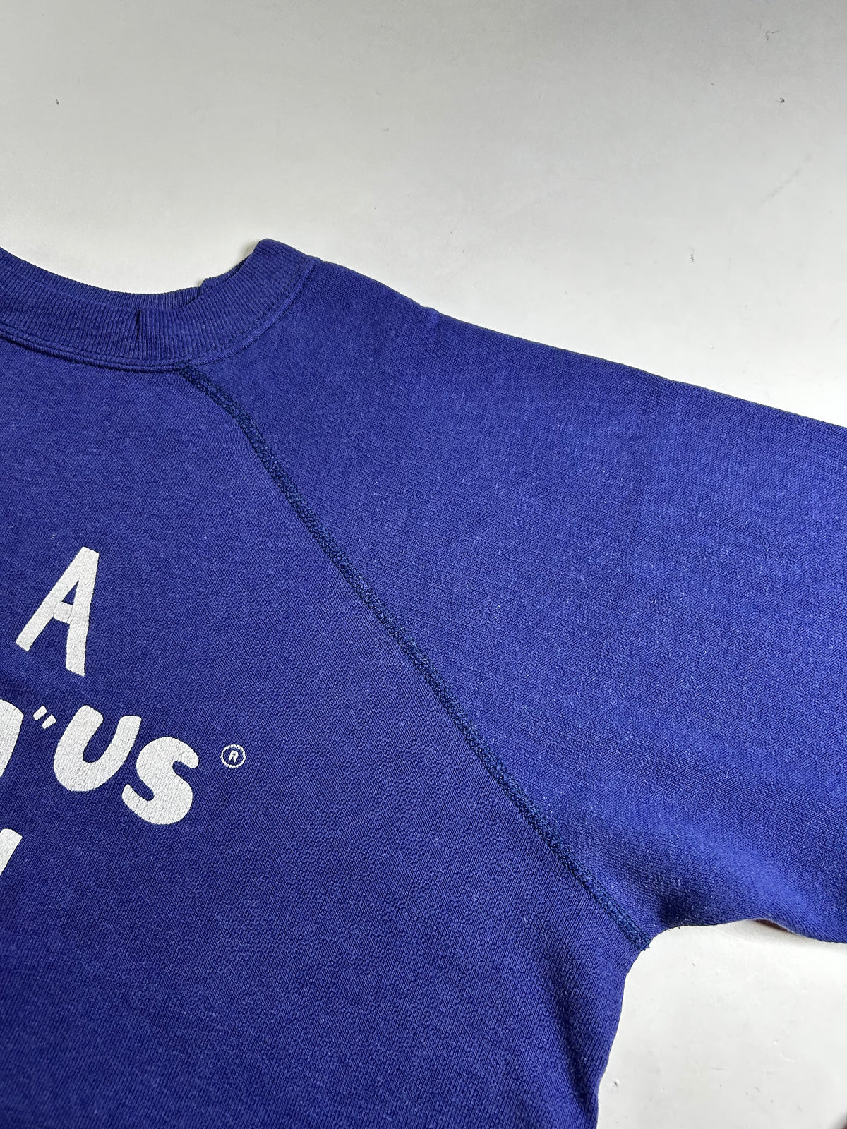 Vintage 80s Toys R Us Raglan I’m A Toys “R” Us Kid! Crewneck Sweatshirt Blue As Is Small Fit 23.75x24 Inches As Is