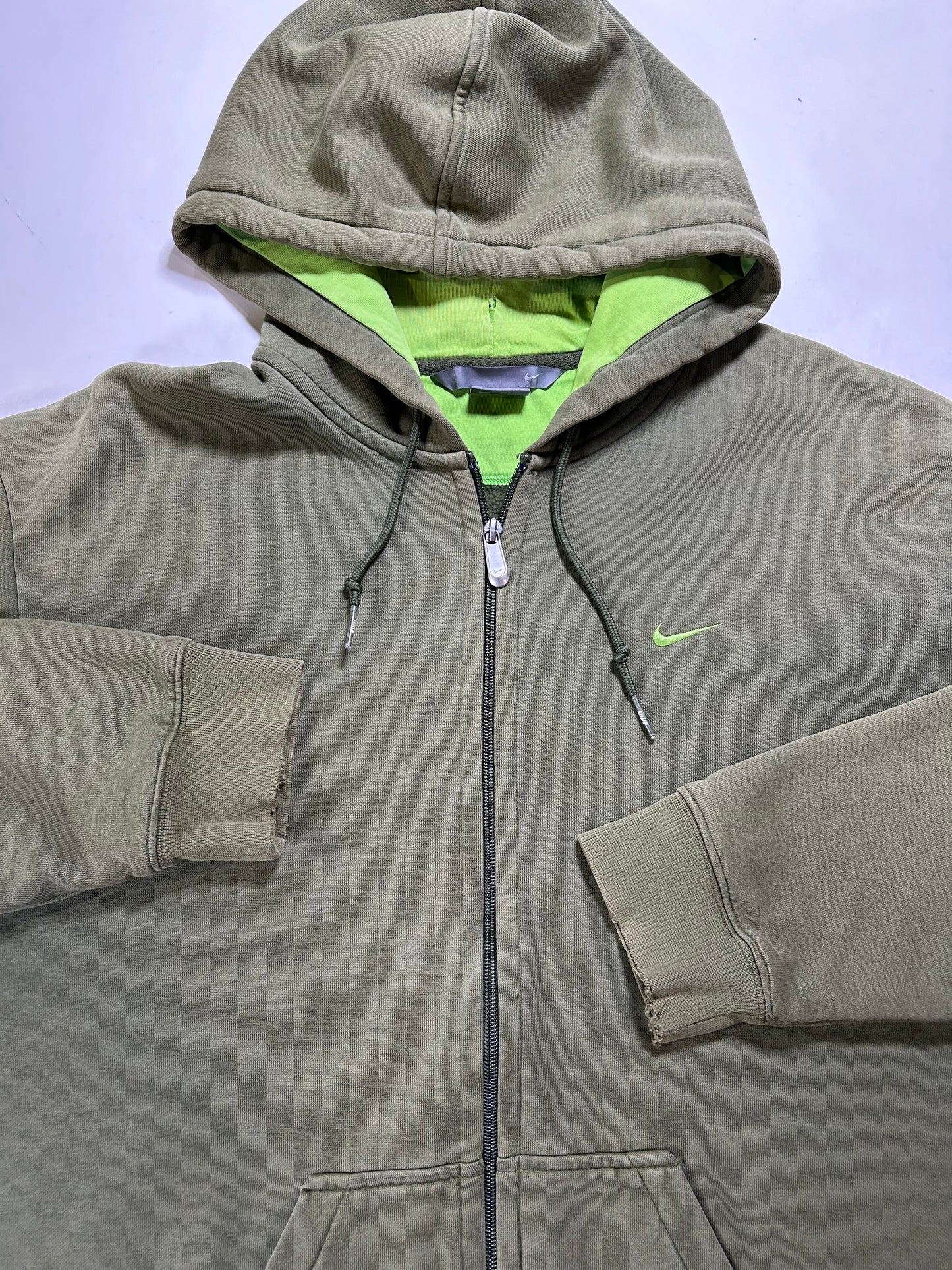 Vintage 00s Nike Chest Swoosh Essential Zip Hooded Sweatshirt Green Faded Worn In As Is XL 26.25x30.25 Inches