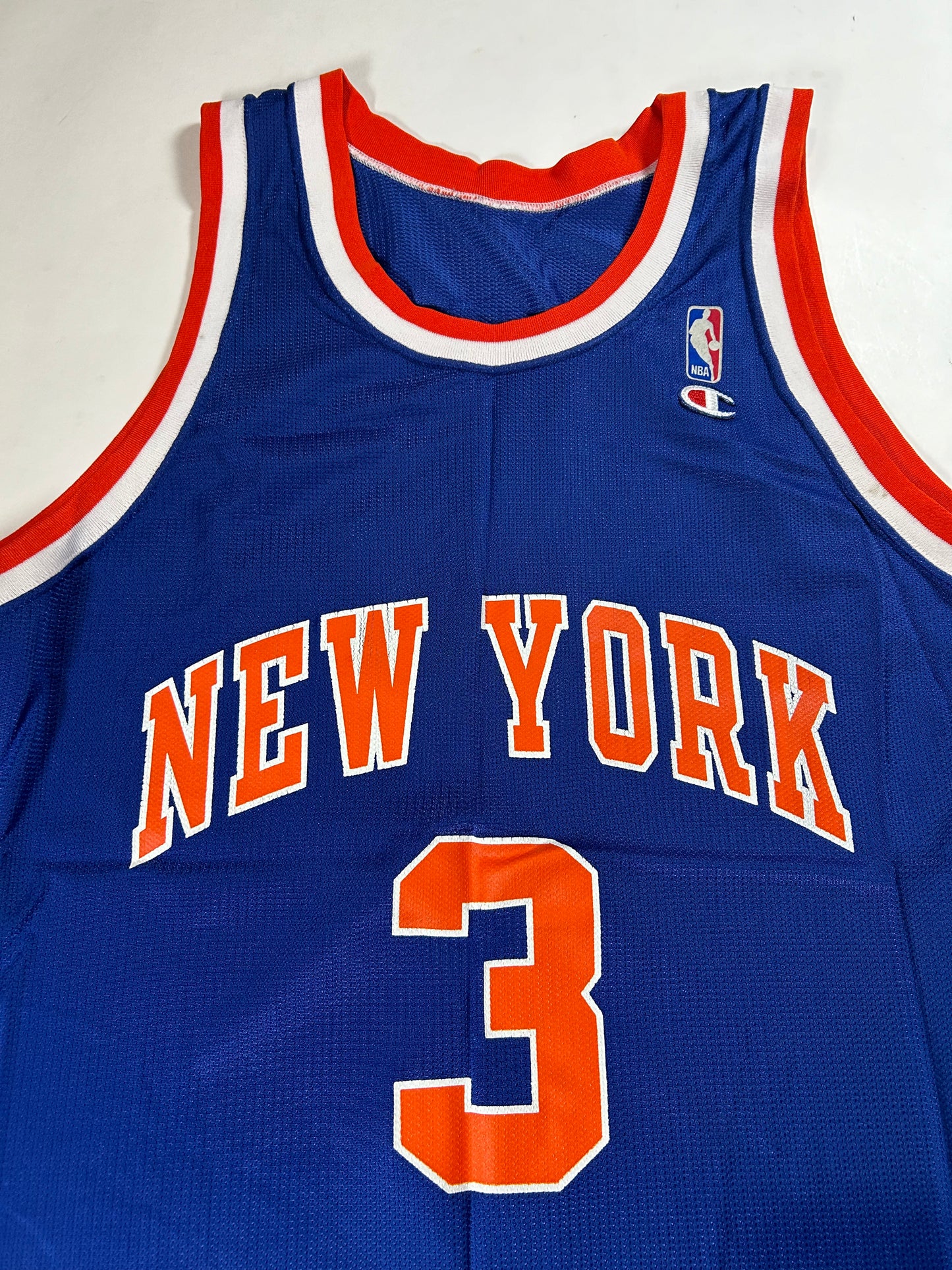 Vintage 90s Champion John Starks #3 New York Knicks NBA Felt Patch Jersey Blue 48 XL 23.5x32.5 Inches