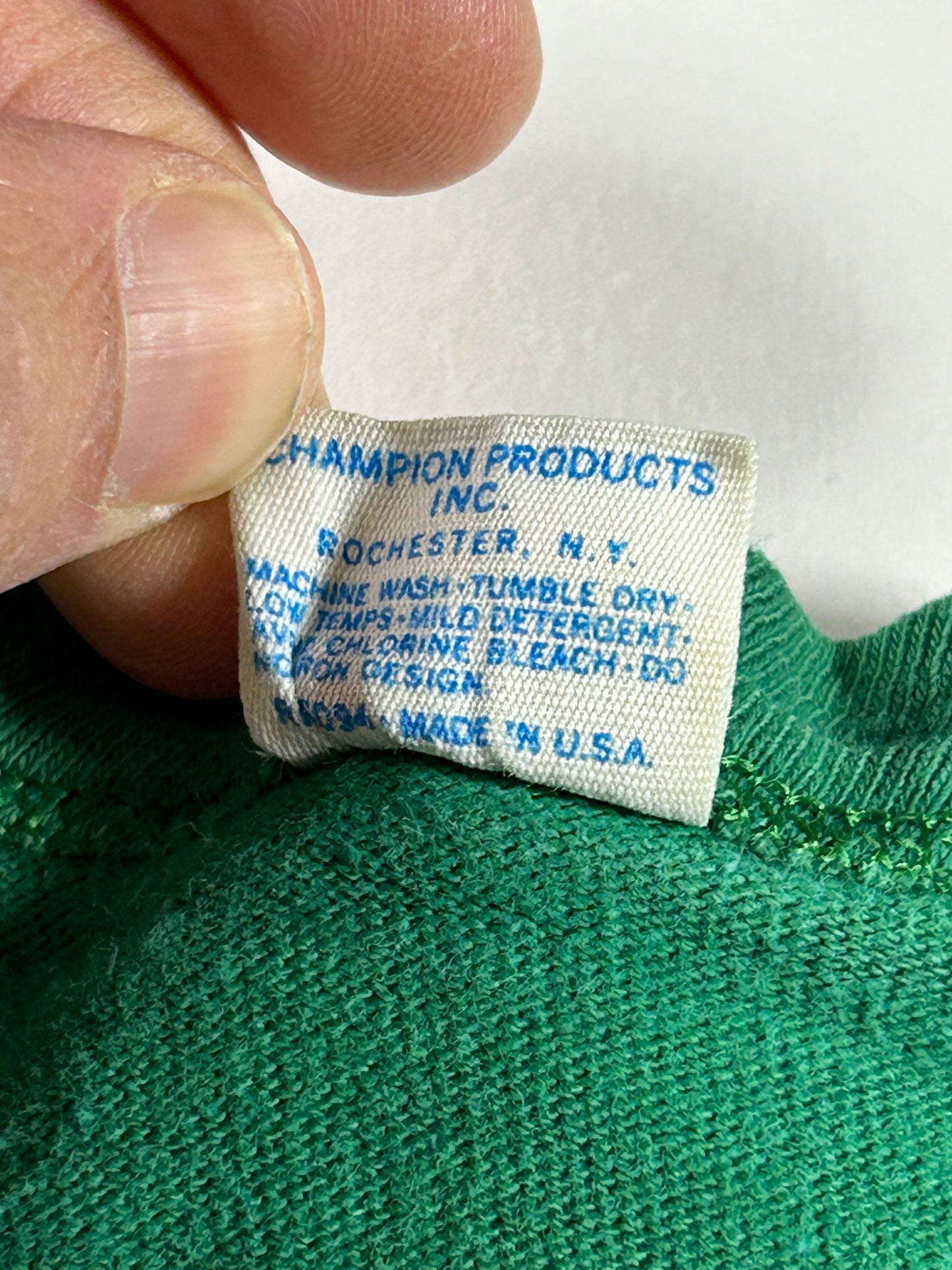 Vintage 70s Notre Dame Champion Blue Bar Green Jersey Style Tee 18.25x26 Inches Small Fit As Is