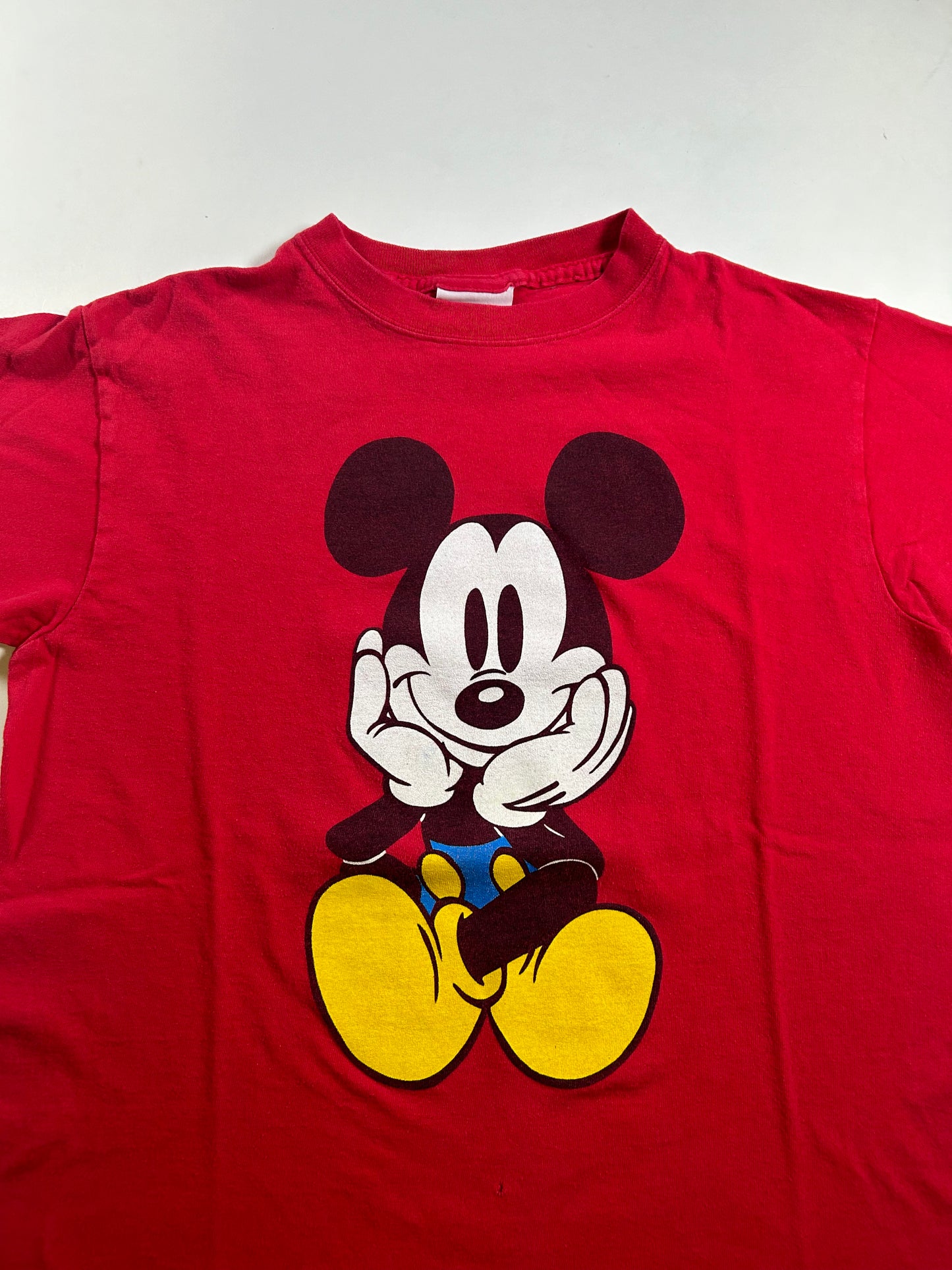 Vintage 90s Mickey & Co Mickey Mouse Disney Front & Back Sitting Graphic Tee Youth Large/ Adult XS/S Great For Ladies 18.5x23.5 Inches As Is Red
