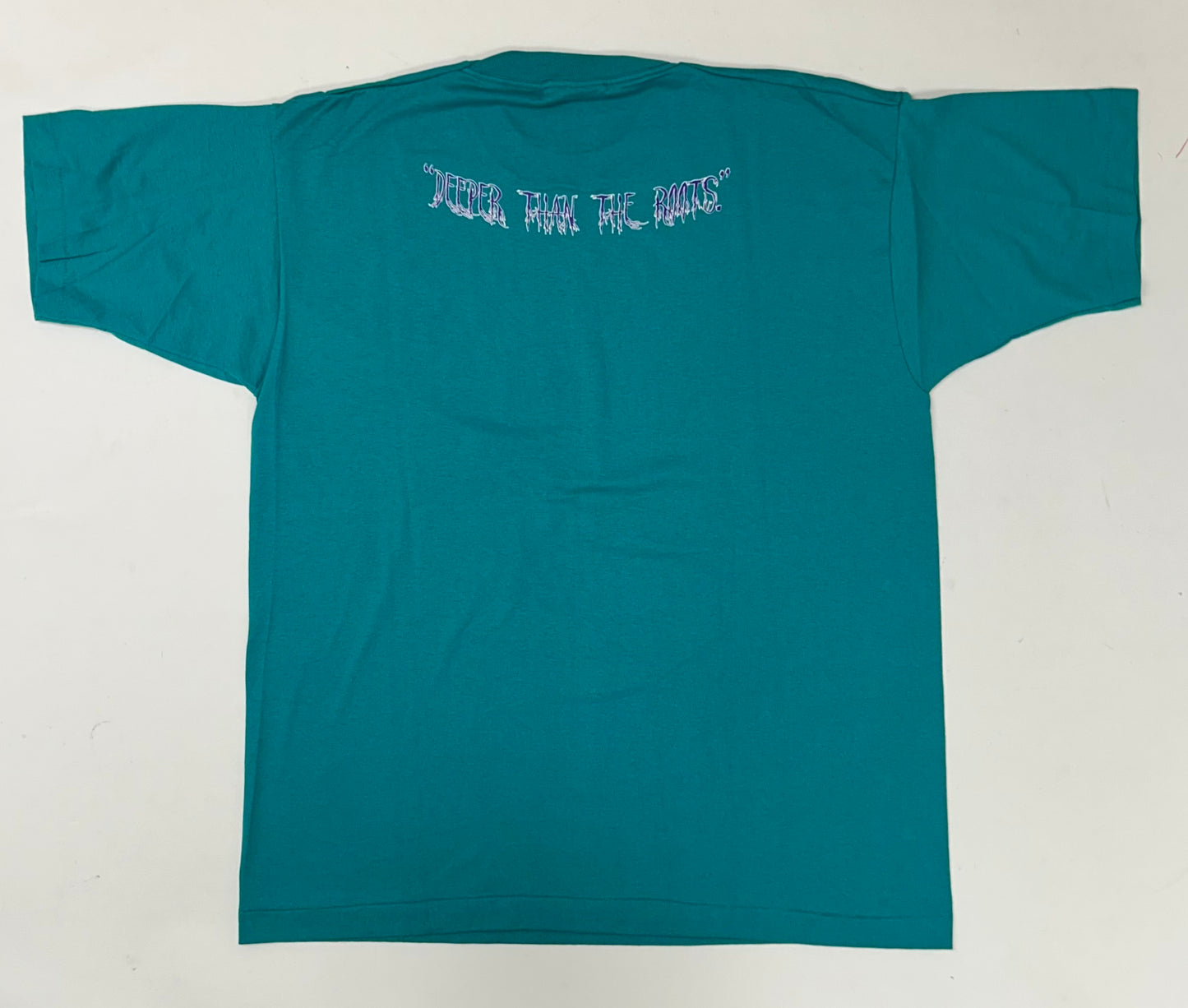 Edgewood NJ first edition “Deeper Than The Roots.” Tee XL 24x30.75 Inches FOTL BEST 50/50 Blend USA Aqua Green/Blueish Color