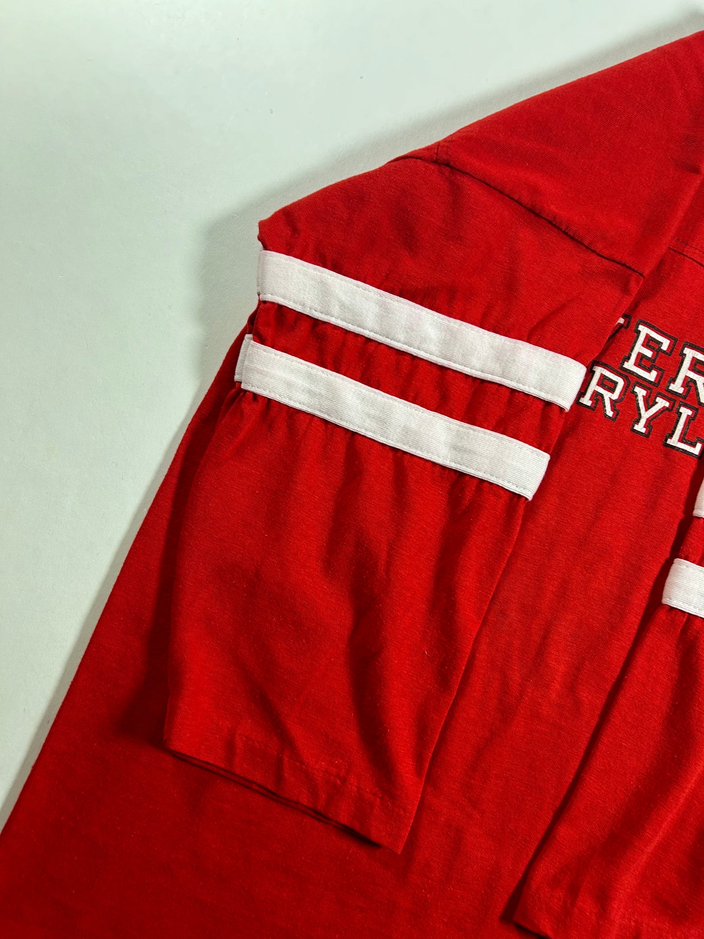 Vintage University of Maryland College Red 3/4 Sleeve Tee Velva Sheen 80s 18.5x25 Inches