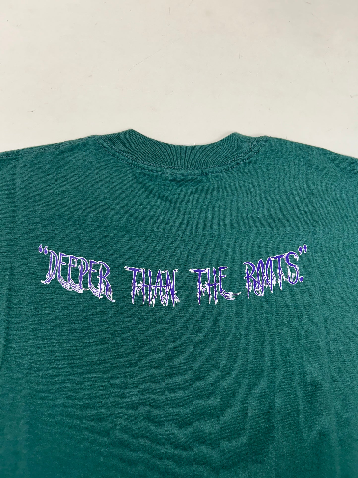 Edgewood NJ first edition “Deeper Than The Roots.” Tee Large 22x31.5 Inches 00s Gildan 100% Cotton Canada/Honduras Slate Green