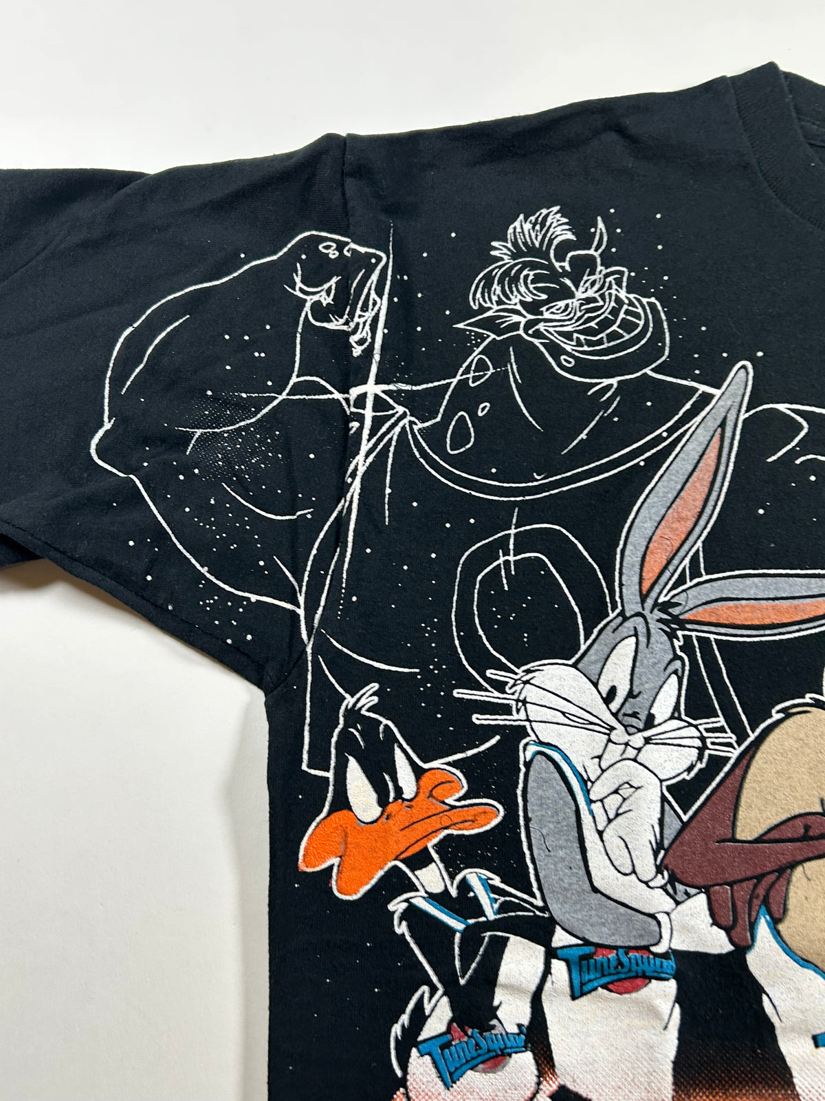 Vintage Space Jam Movie Promo Tee 1996 Freeze Looney Tunes All Over Print Rare L/XL Fit  23.25x28.25 Inches