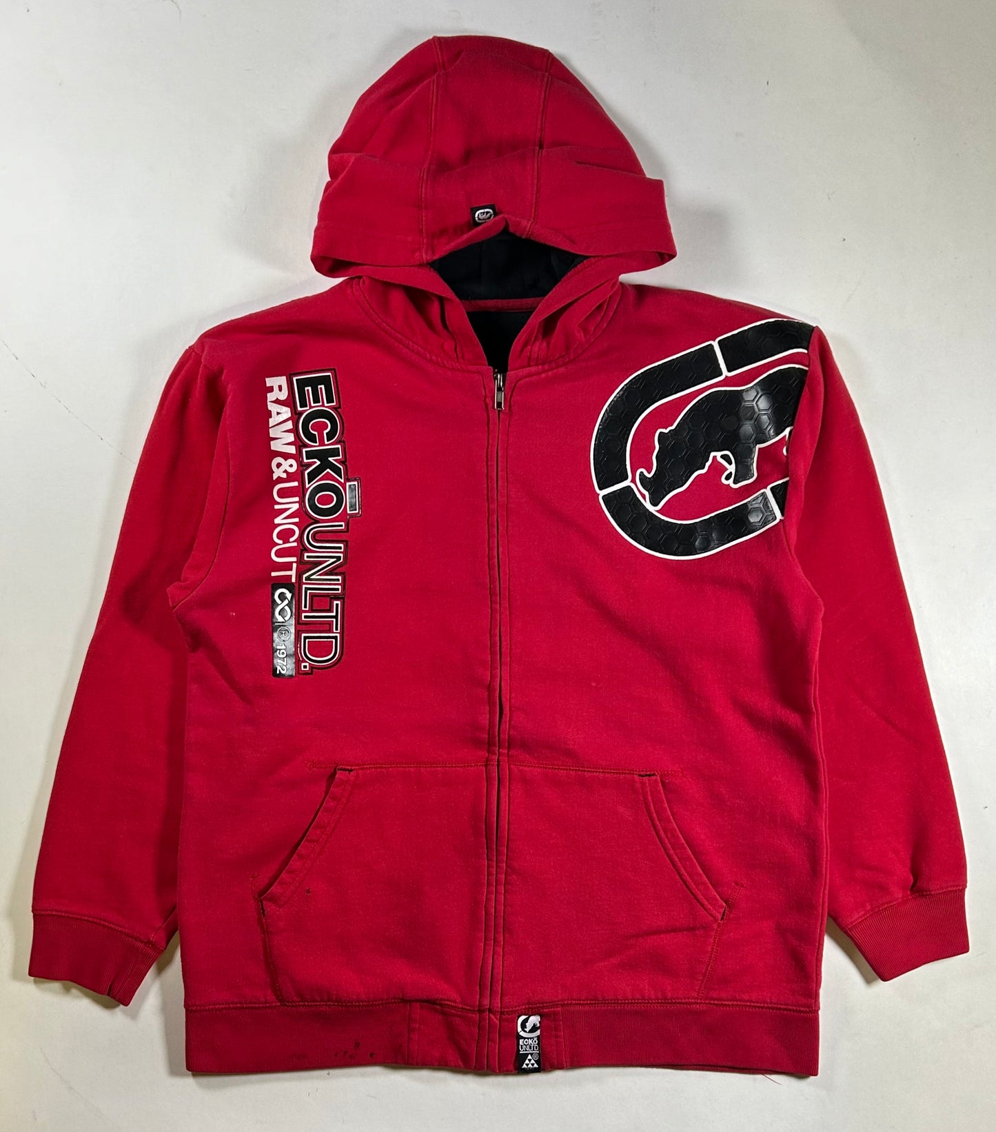 Vintage Eckō Unltd. Raw & Uncut Zip Hooded Sweatshirt Medium 22.75x27.5 Inches Red As Is