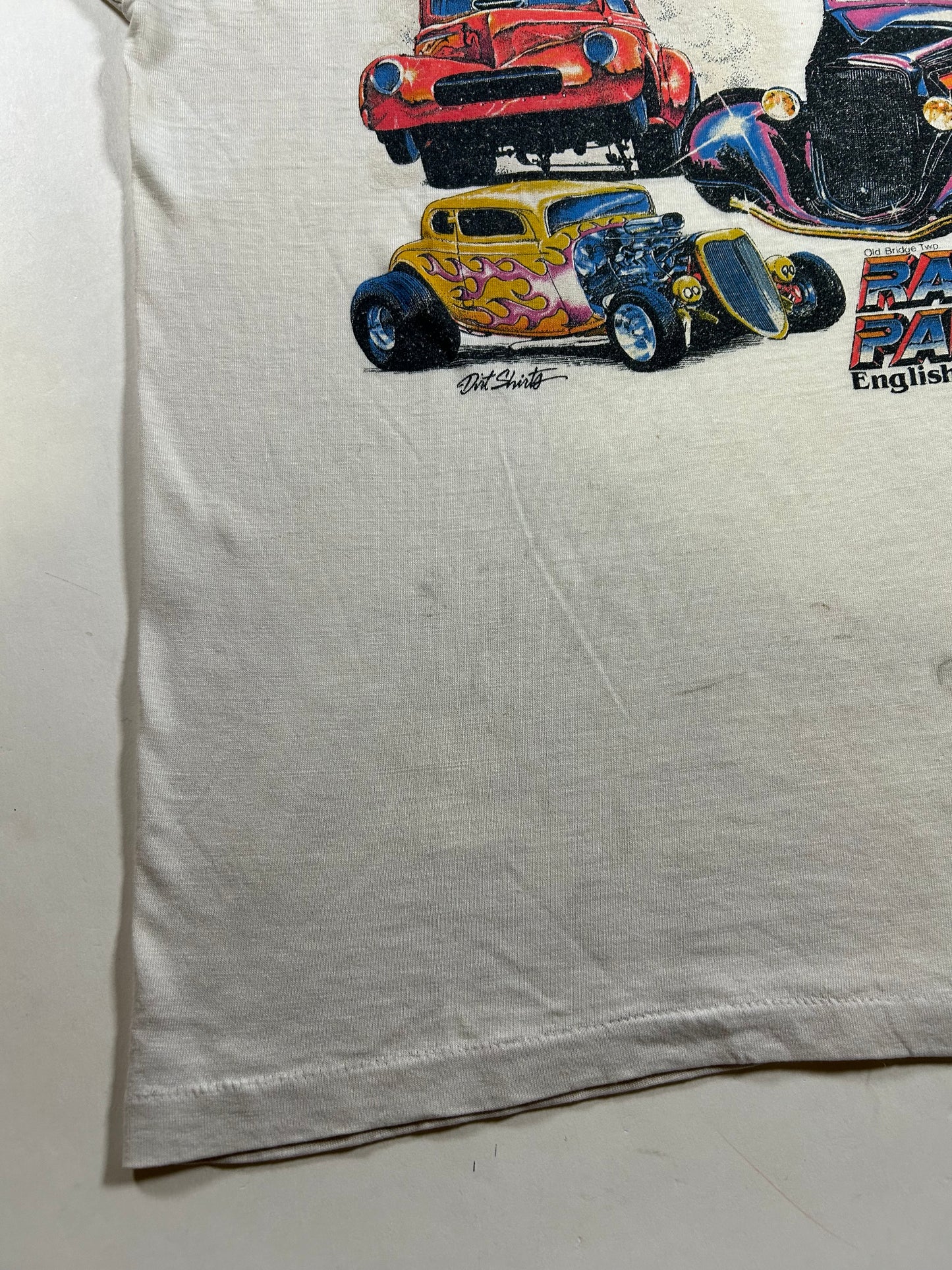 Vintage 1999 9th Annual Rollin Roda Old Time Drags And Rod Run Raceway Park Englishtown NJ Tee Paper Thin Worn In As Is M/L Fit 20x26.25 Inches
