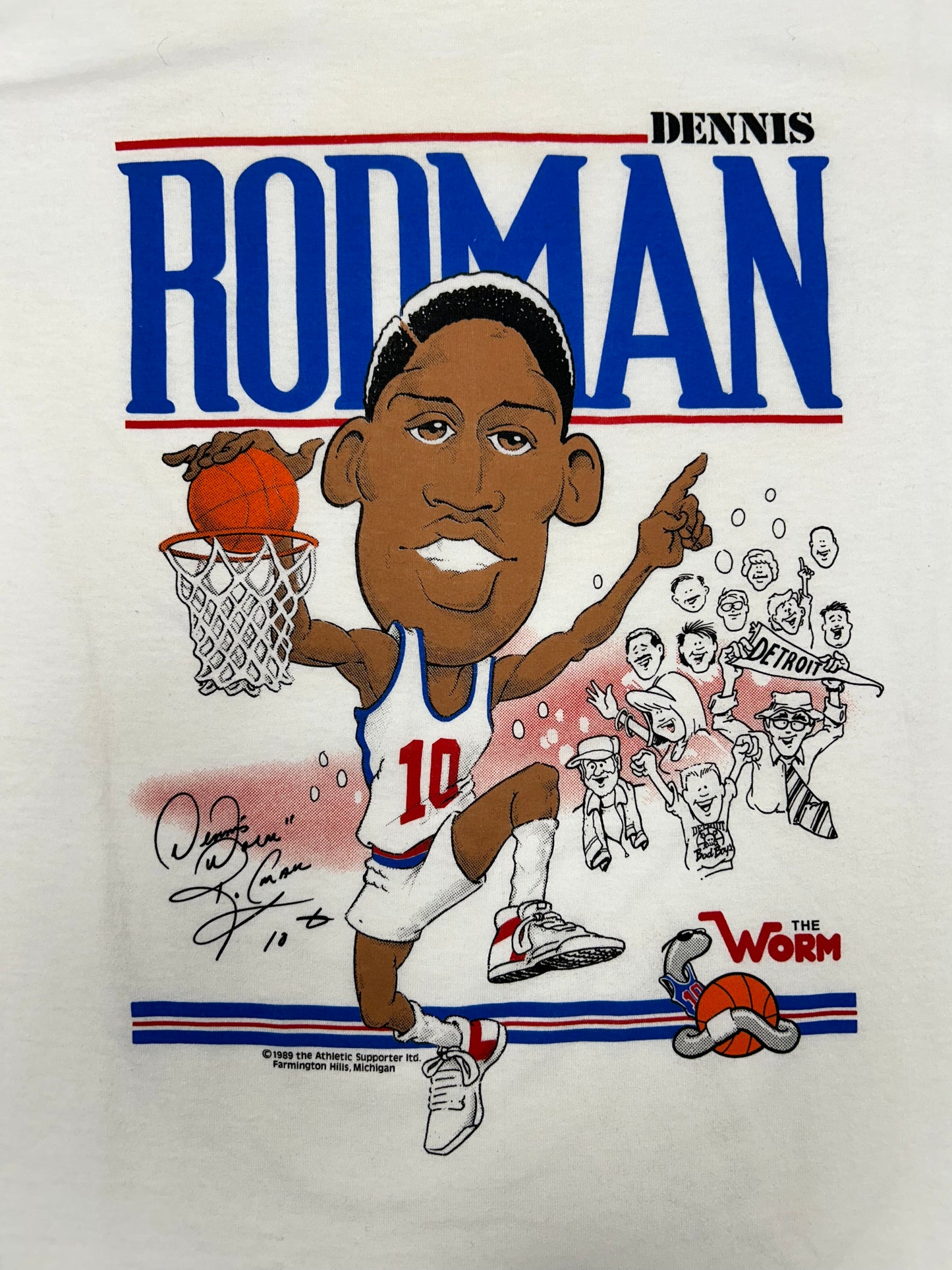 Vintage 1989 Dennis Rodman Caricature The Worm Detroit Pistons NBA Tee Large 21.25x29.25 Inches