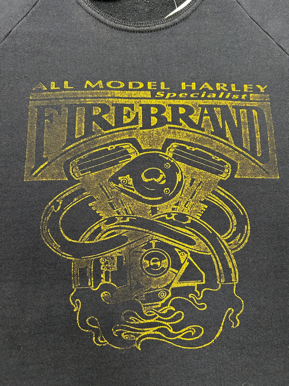 Vintage All Model Harley Specialist Fire Brand Warrington England Crewneck Sweatshirt Chopped Collar M/L Fit 22.75x27 Inches As Is Faded & Worn In