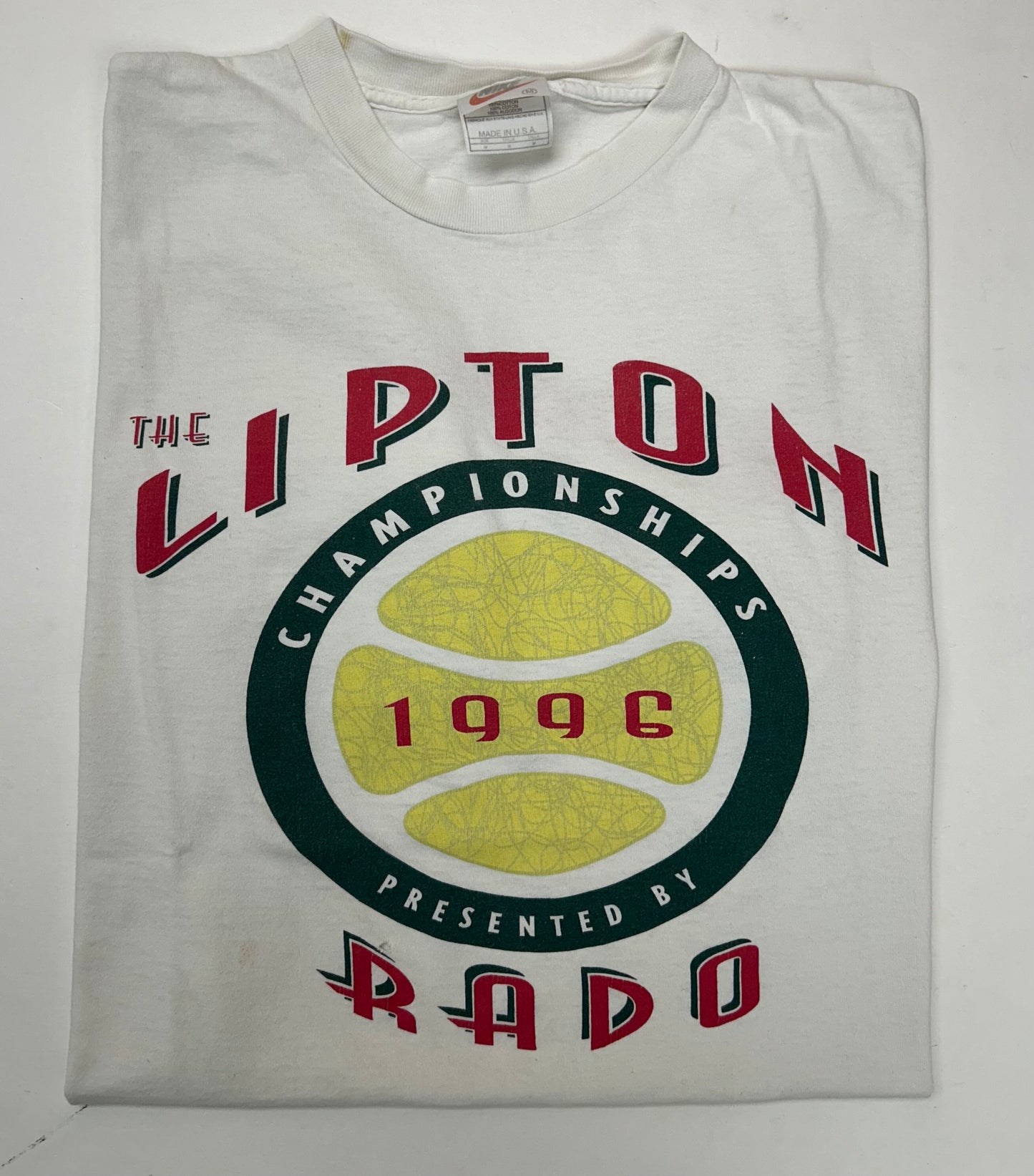 Vintage Nike 1996 The Lipton Rado Championships Tennis Tee Worn As Is White Tag Boxy M/L Fit 21.25x25.25 Inches