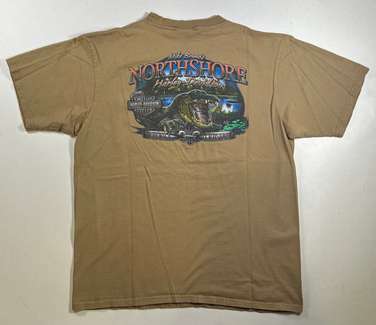 Vintage 2000s Harley Davidson Motorcycles Pocket Tee Northshore Slidell, Louisiana Tee XL 23.5x30 Inches Tan
