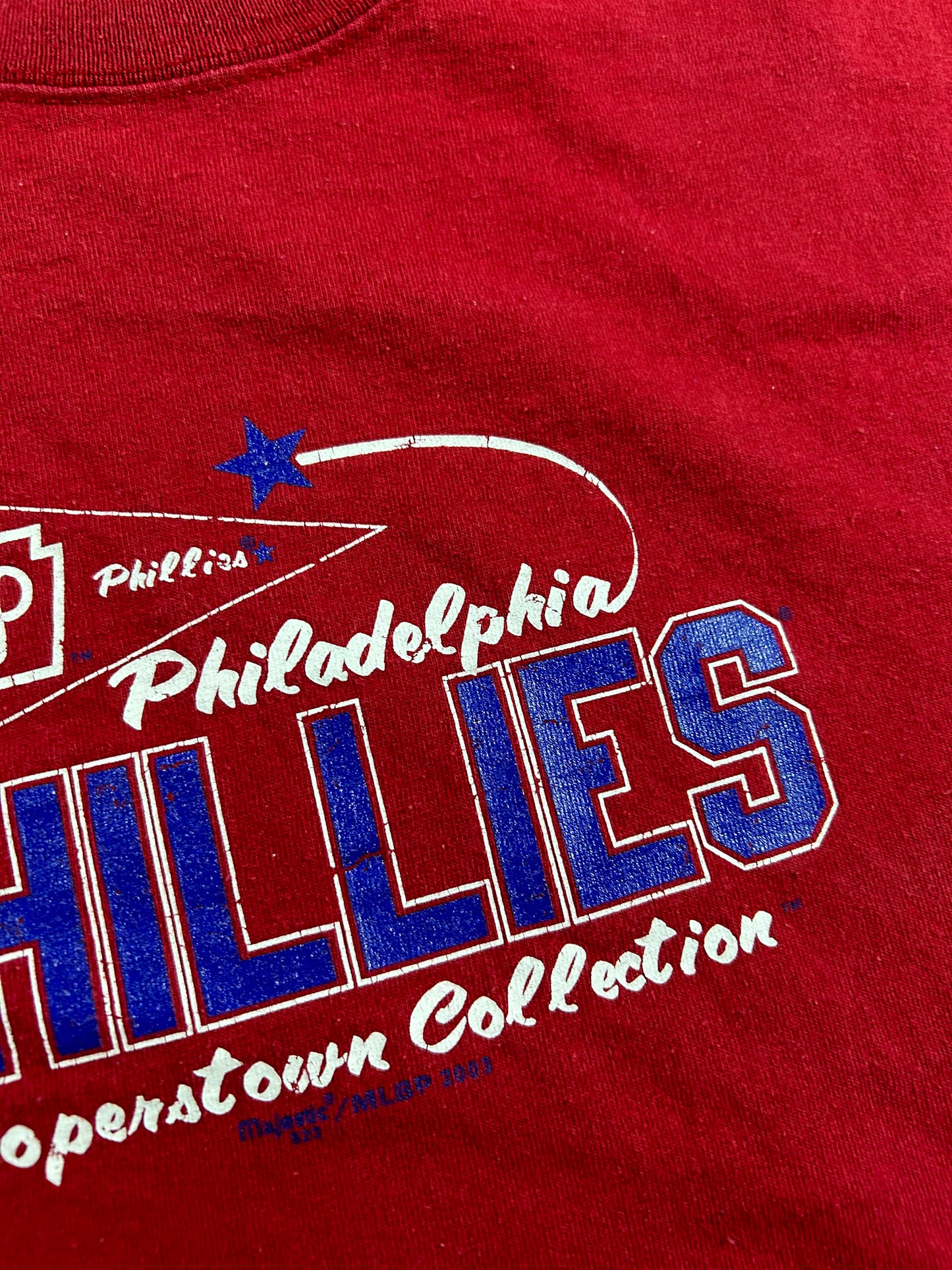 Vintage Majestic Cooperstown Collection Philadelphia Phillies MLB Long Sleeve Tee Large 21.75x28.75 Inches As Is Has Unstitching On Sleeve