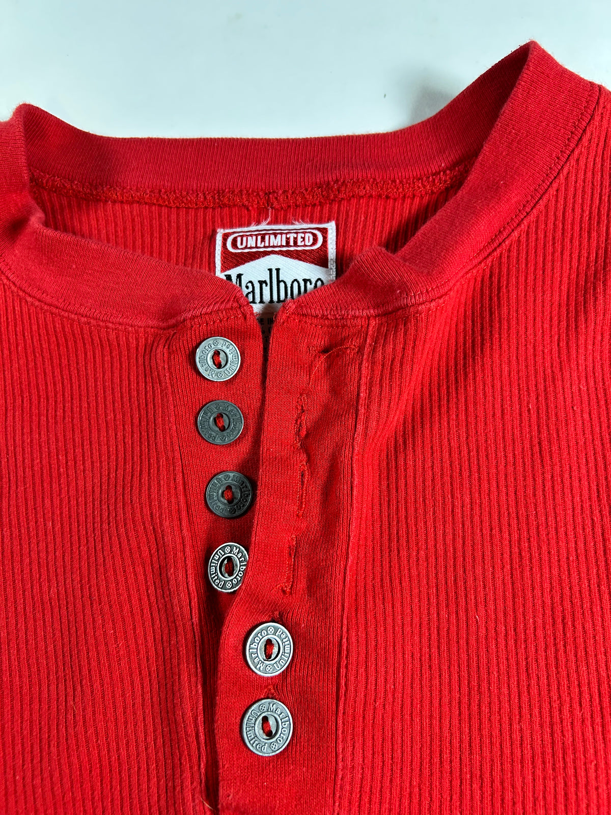 Vintage 90s Marlboro Unlimited Thermal Red Ribbed Cotton Pullover Henley XL 24.75x28.25 Inches