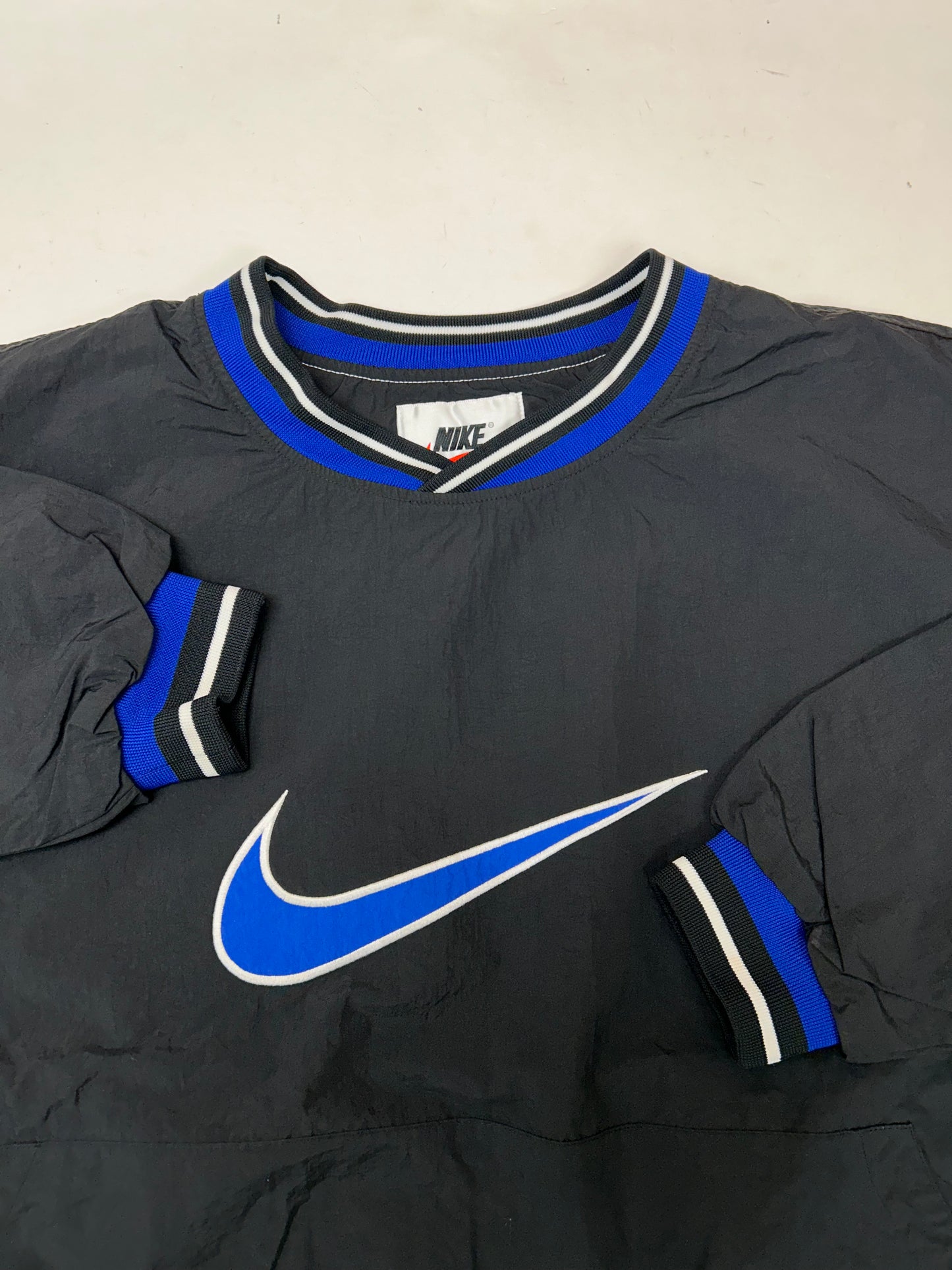 Vintage 90s Nike Swoosh V-neck Pullover Windbreaker Jacket 2XL 29.25x30.5 Inches Blue/Black/White