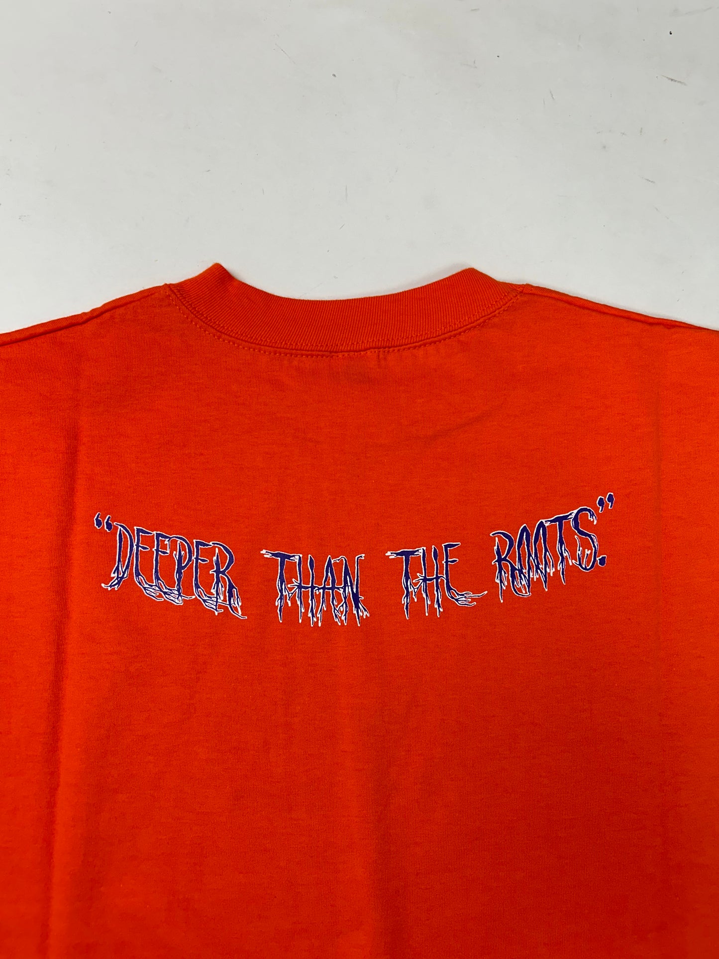 Edgewood NJ first edition “Deeper Than The Roots.” Tee XL 23.25x32.25 Inches 90s Russell Athletic USA Made 100% Cotton In Orange