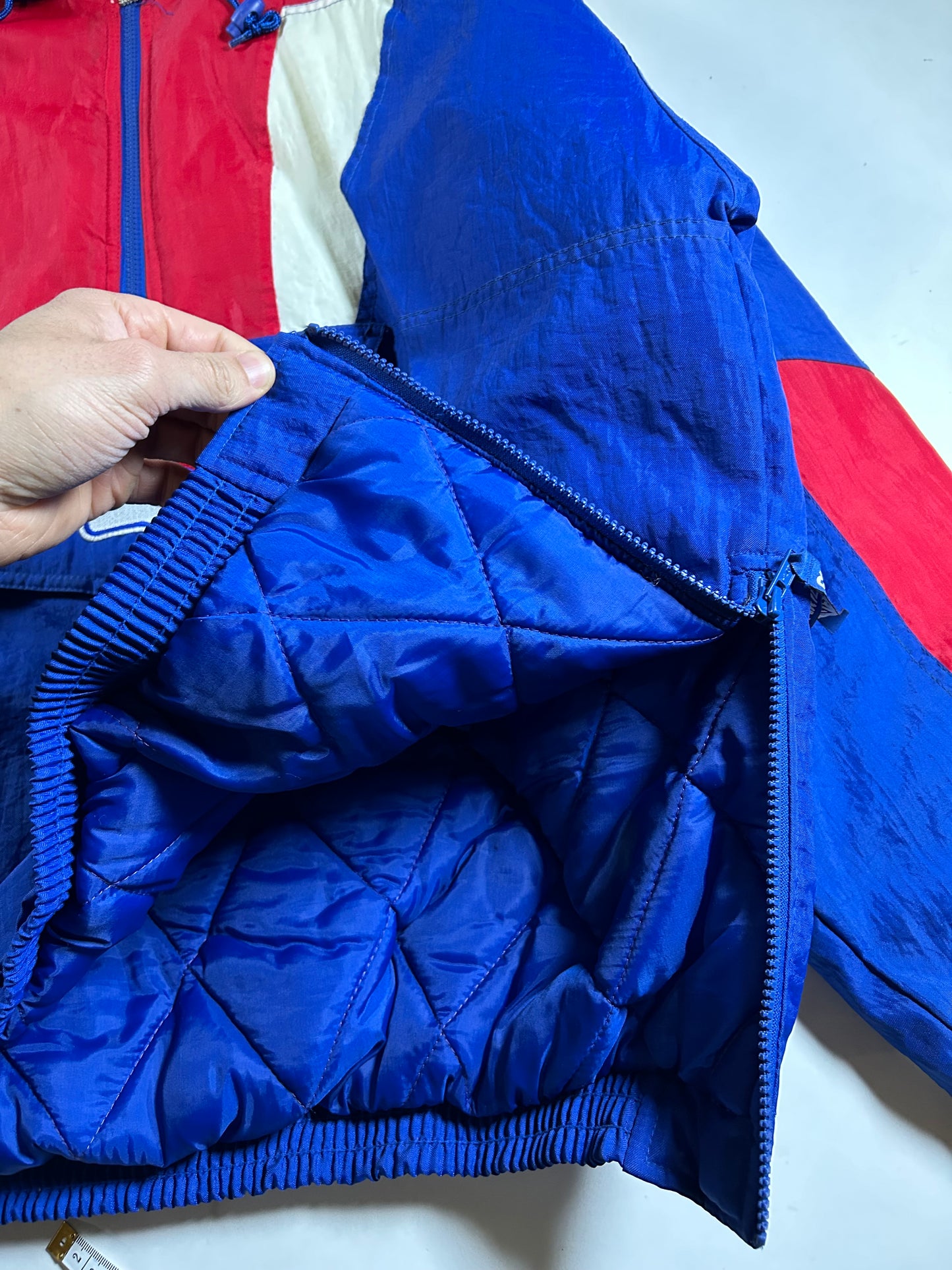 Vintage 90s Starter New York Rangers NHL Pullover Puffer Jacket Half Zip Hooded Jacket XL 29x30.25 Inches