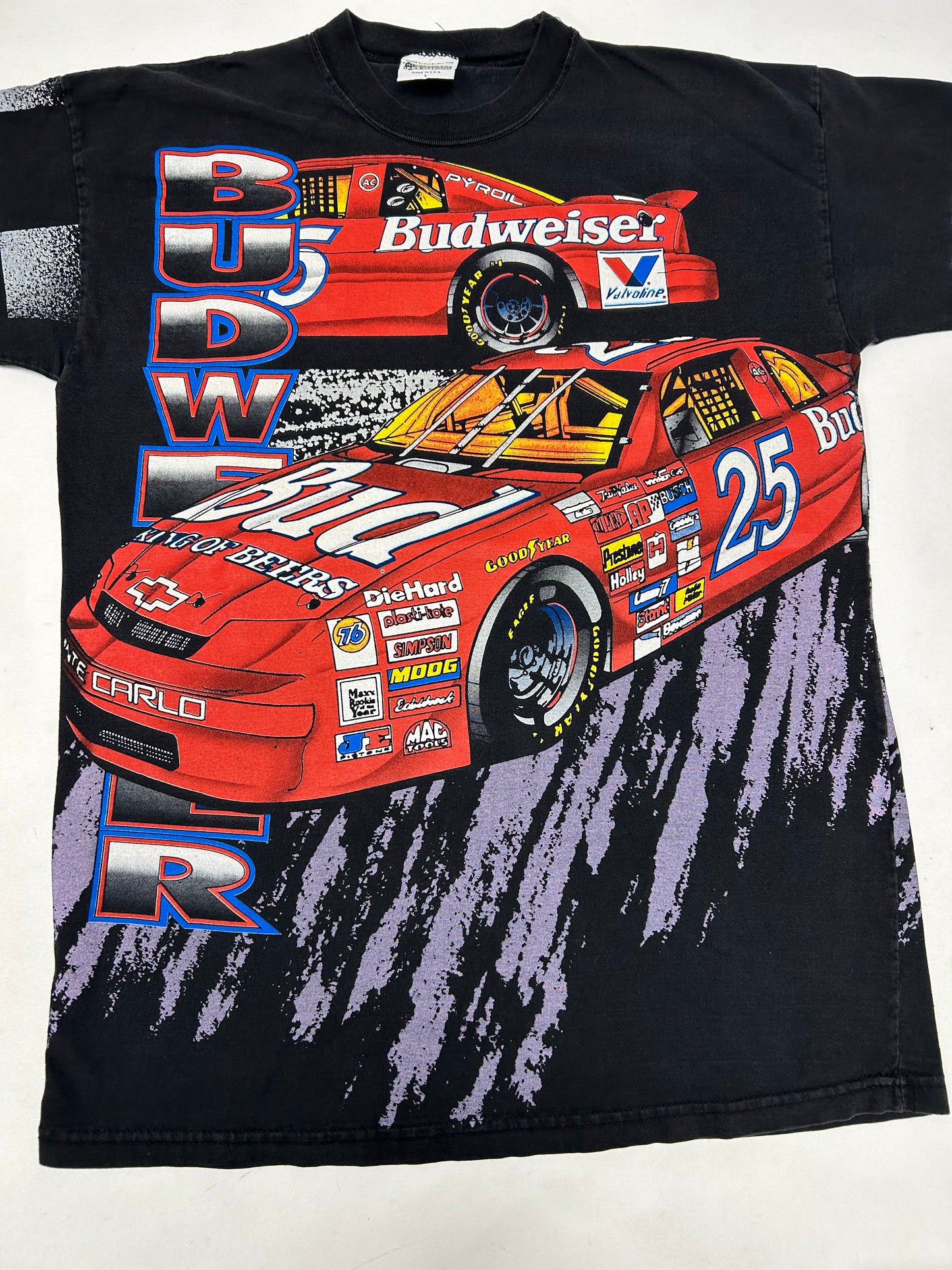 Vintage 90s Ken Schrader Bud Racing Budweiser NASCAR All Over Print AOP Tee Large 22.25x30.25 Inches