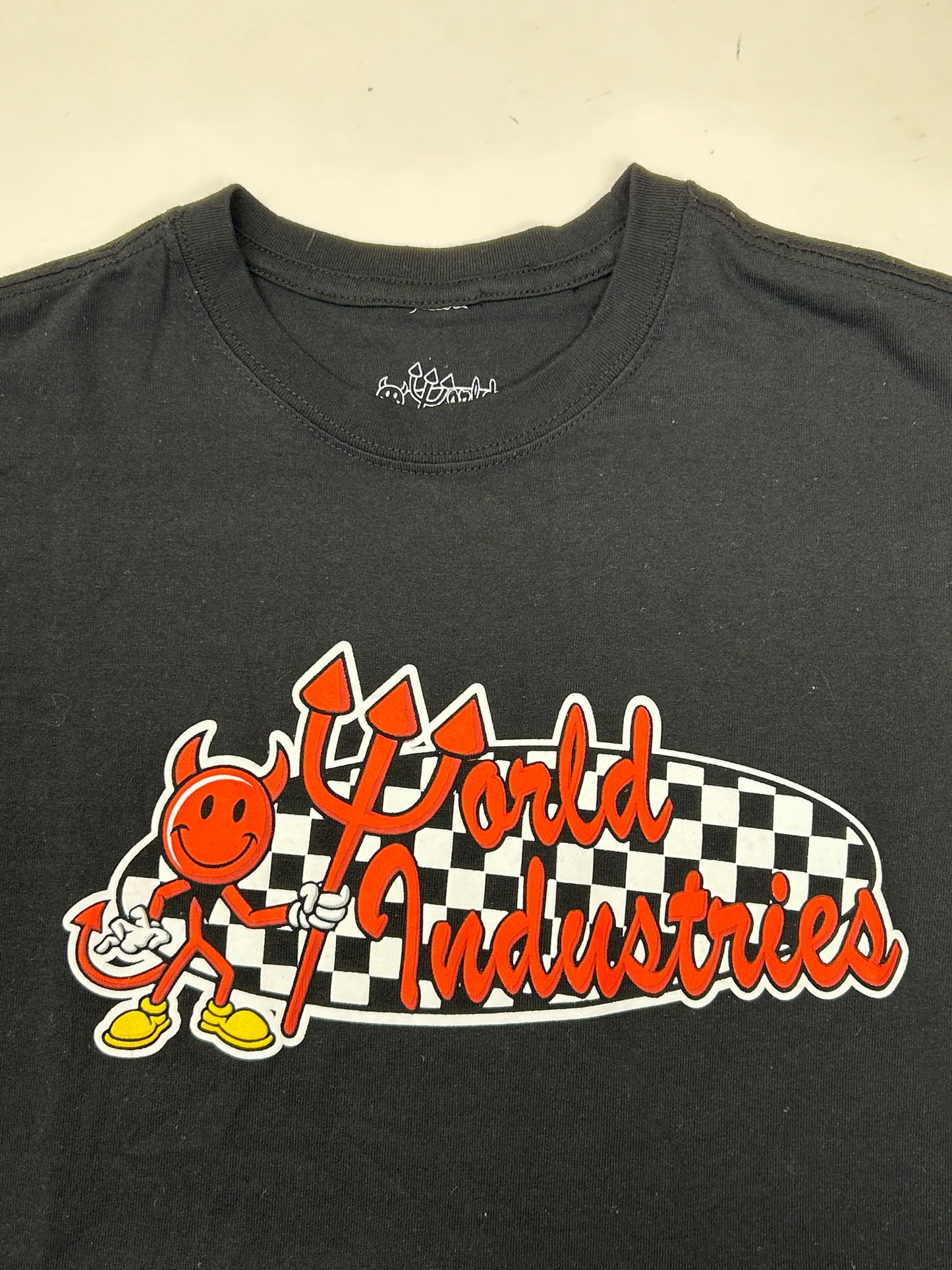 World Industries Devil Man Checkerboard Graphic Skate Tee Small 18.25x27.75 Inches