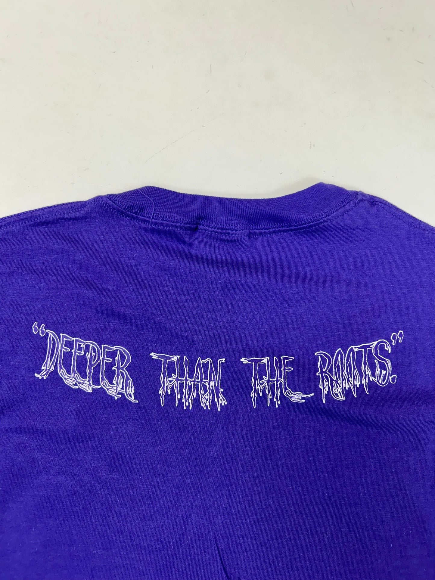 Edgewood NJ first edition “Deeper Than The Roots.” Tee Hanes Beefy-T USA/Mexcio 100% Cotton Purple