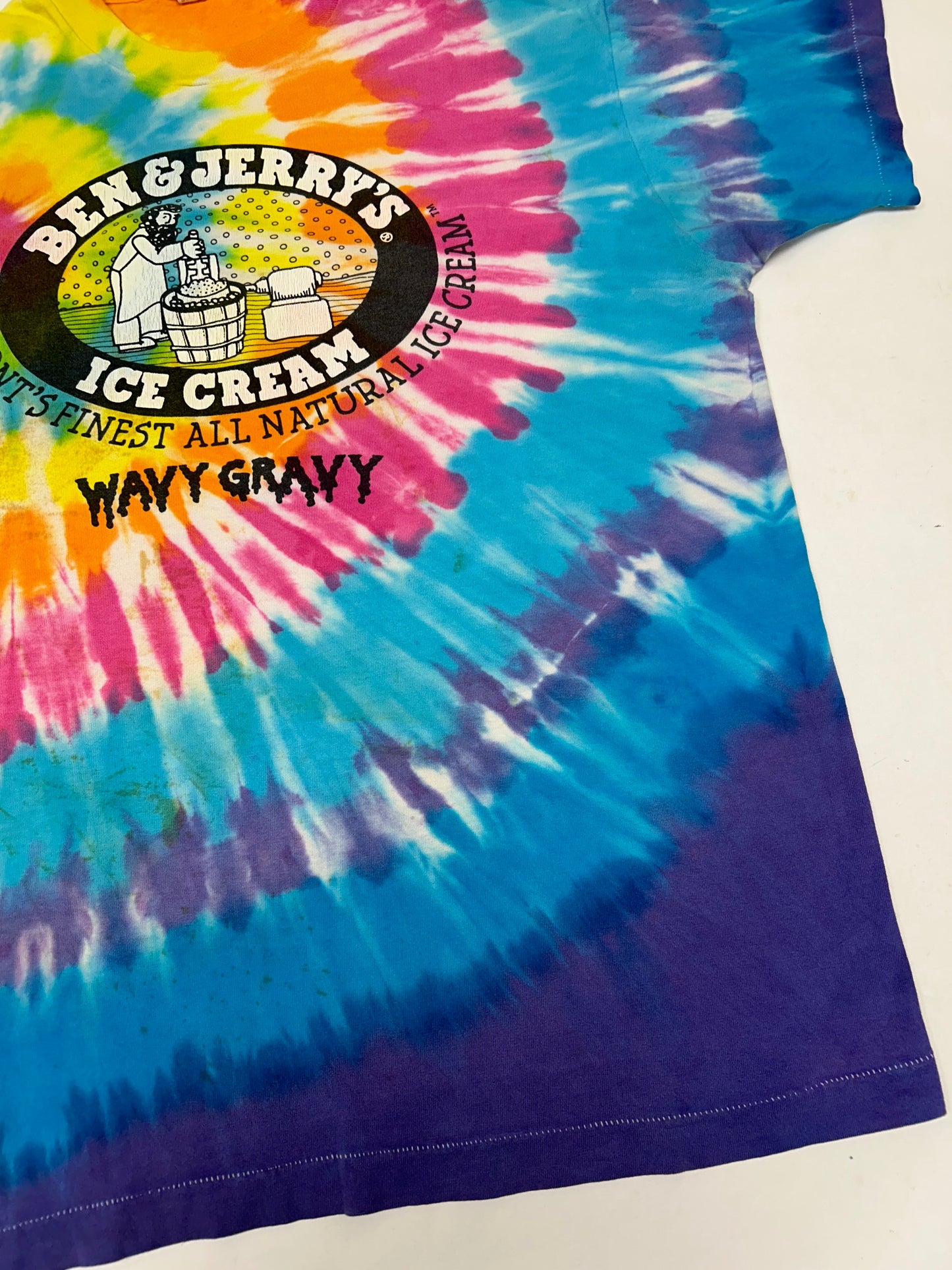 Vintage 90s Ben and Jerrys Wavy Gravy Ice Cream Tie Dye Tee Stained As Is XL 24.5s29.5 Inches