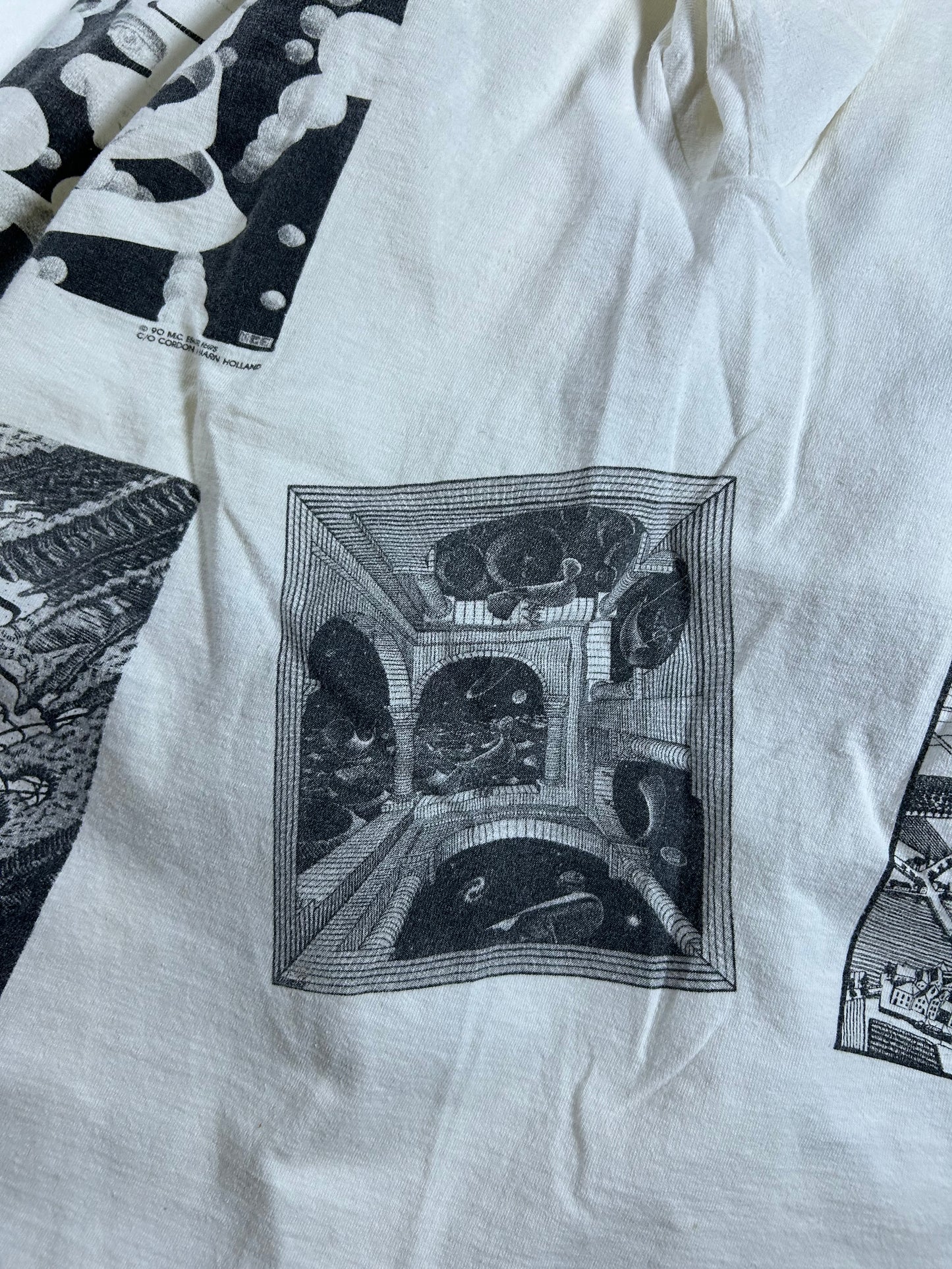 Vintage 1990 M.C. Escher Shirt White All Over Rare Print Art Single Stitch 23x27.75 Inches As Is