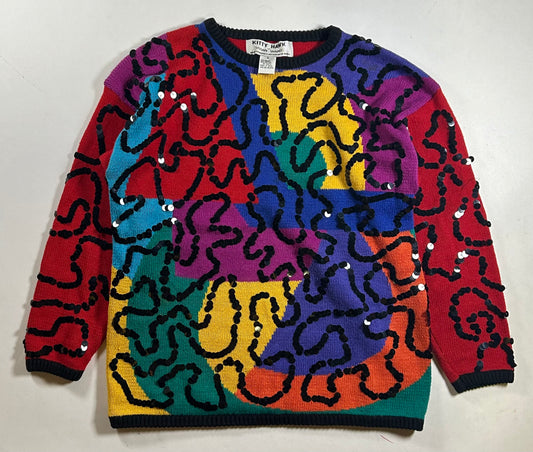 Vintage Kitty Hawk Vivian Wang Sweater Knit Beaded Multi Color Folk-art Small 20.5x25.75 Inches