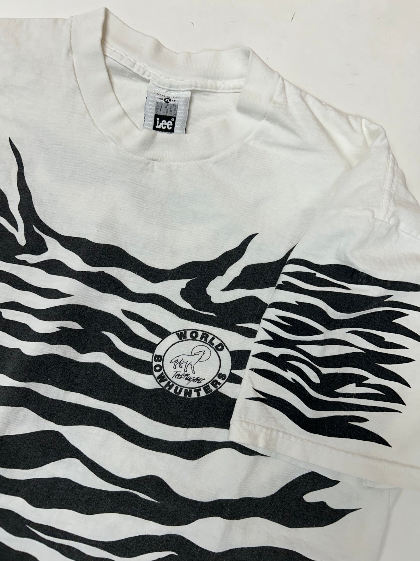 Vintage 90s Ted Nugent World Bowhunter Zebra Stripe Rockin’ The Wild Kick Ass Music Tee XL 24x29 Inches