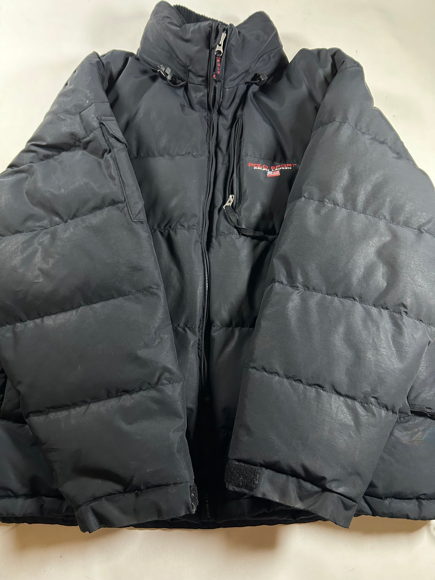 Vintage Polo Sport Ralph Lauren Down Puffer Jacket Mens 2XL 29x30.75 Inches Black As Is Had Wear