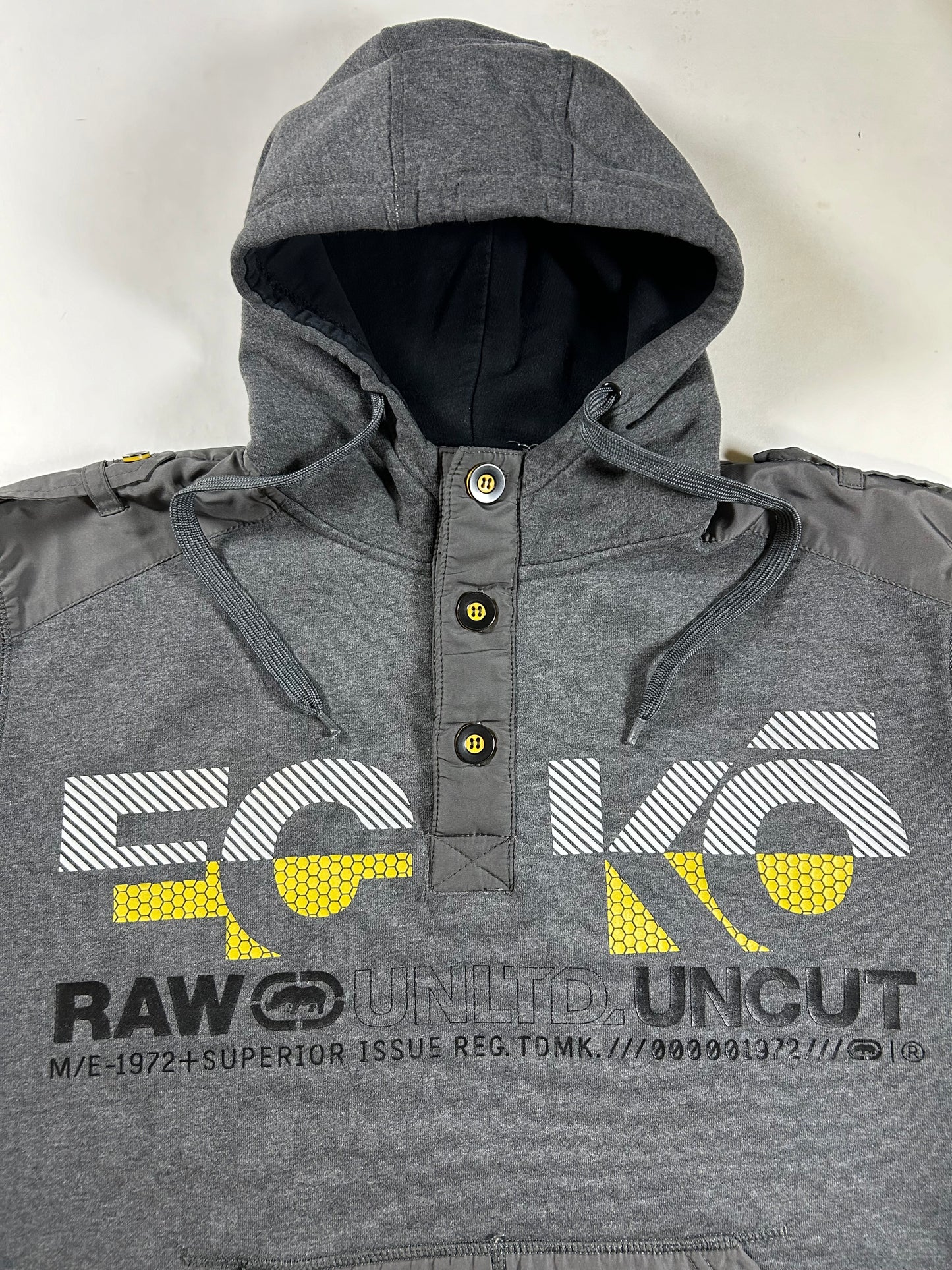 Vintage Eckō Unltd. Raw & Uncut Hooded Sweatshirt Gray Y2K Size Large 24.25x27