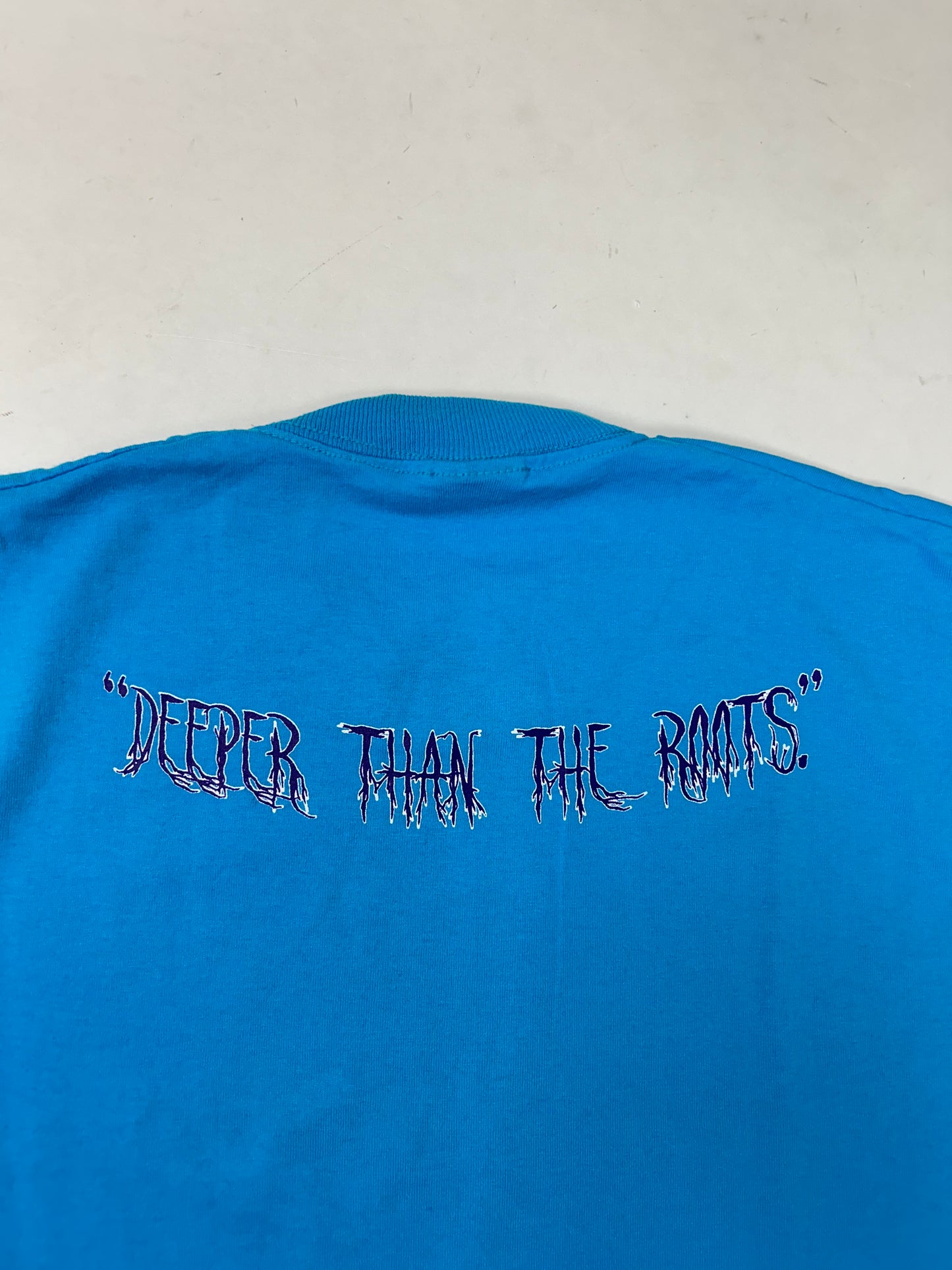 Edgewood NJ first edition “Deeper Than The Roots.” Tee Medium 19.25x28.74 Inches 90s FOTL BEST 50% Cotton 50% Polyester USA Bright Blue
