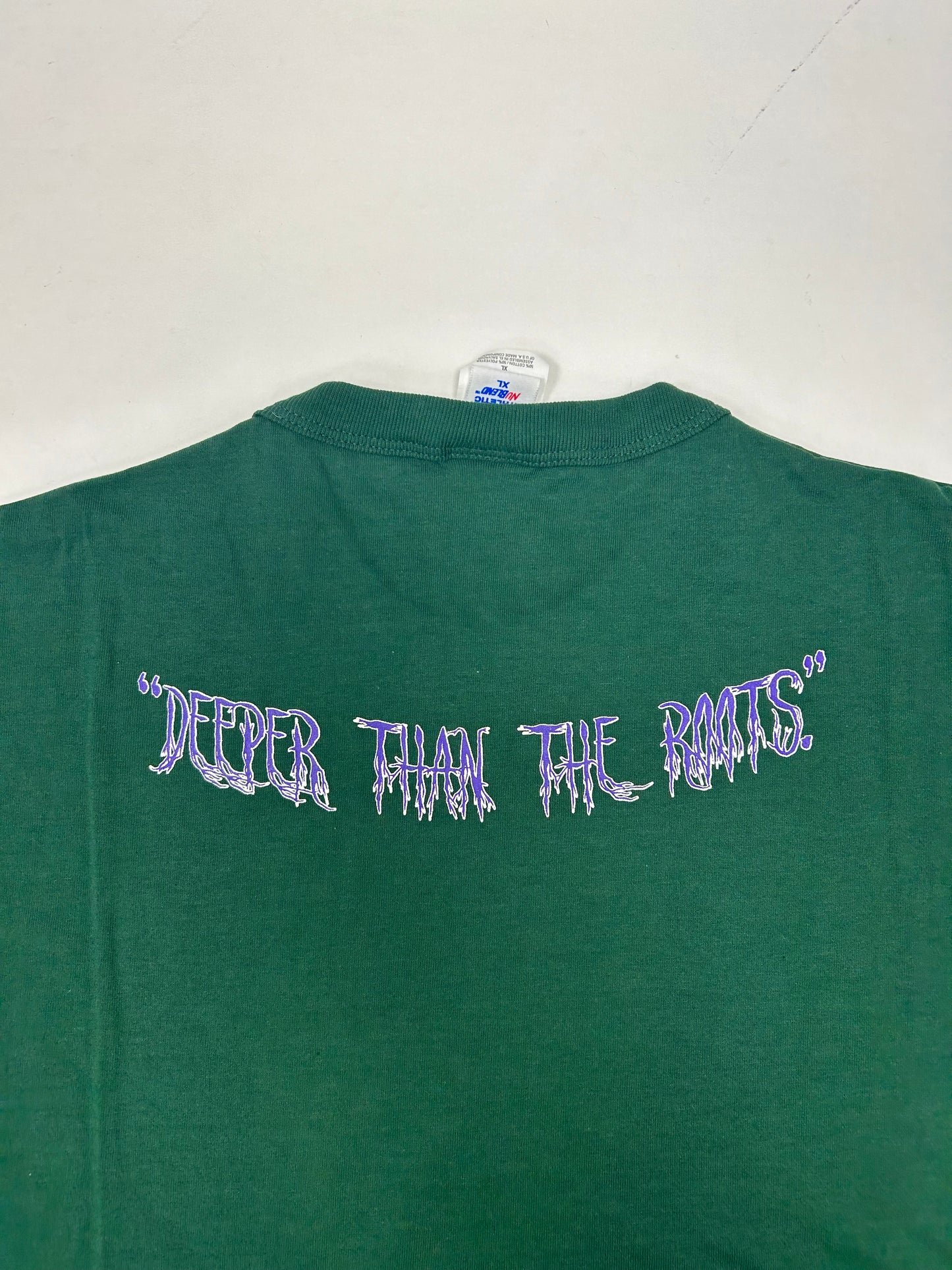 Edgewood NJ first edition “Deeper Than The Roots.” Tee XL  24.75x31 Inches Russell Nu Blend 50/50 El Salvador Forest Green