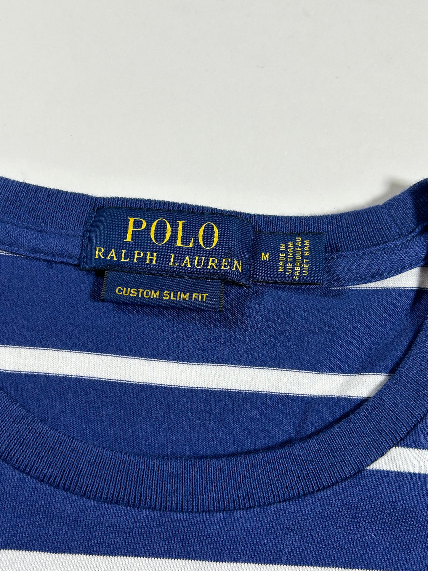 Polo Ralph Lauren T-shirt Custom Slim Blue White Pony Striped Short Sleeve Medium 19.75x27 Inches