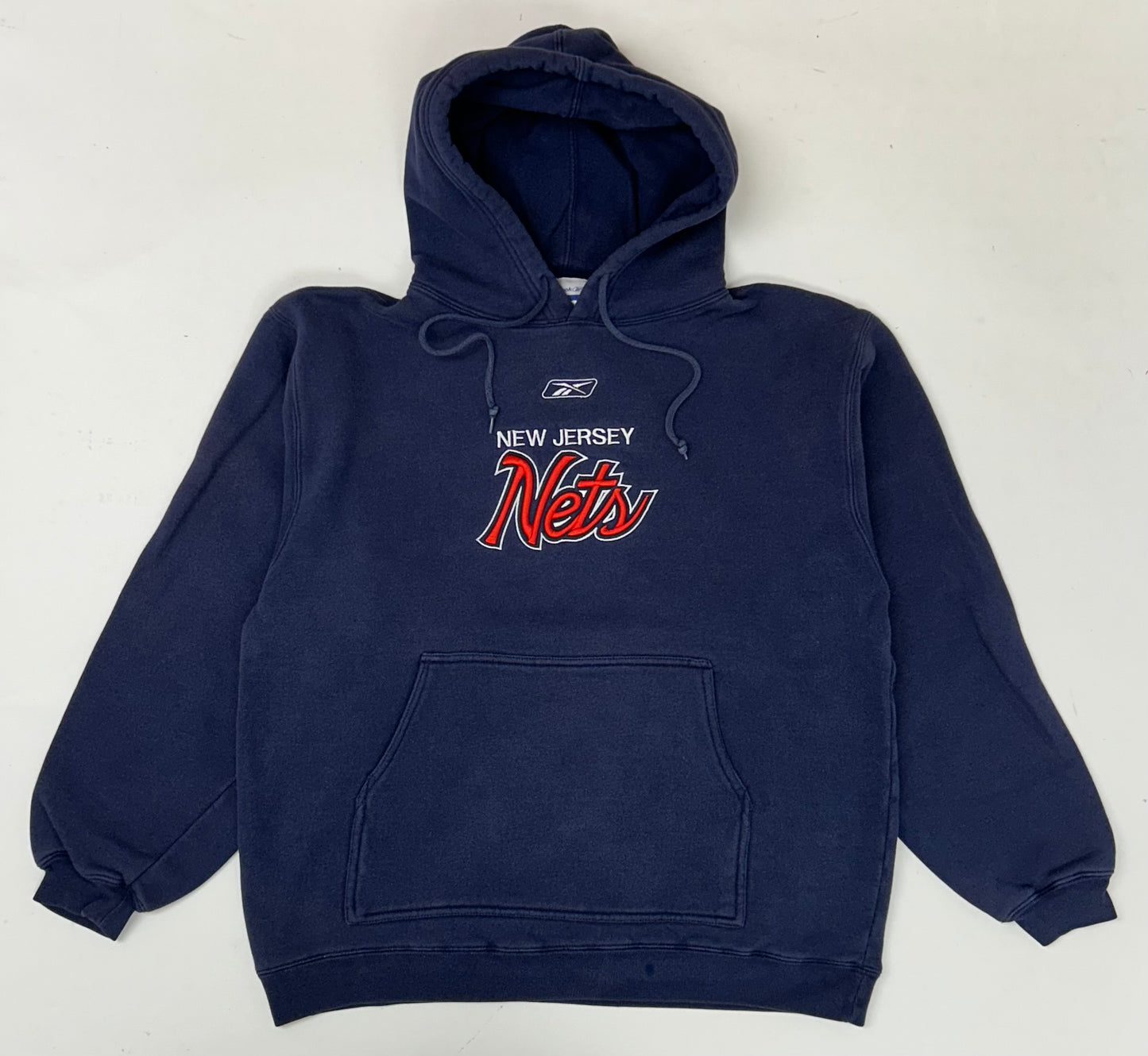 Vintage 00s Reebok New Jersey Nets NBA Hooded Sweatshirt Medium 23.25x26.5 Inches Worn Navy