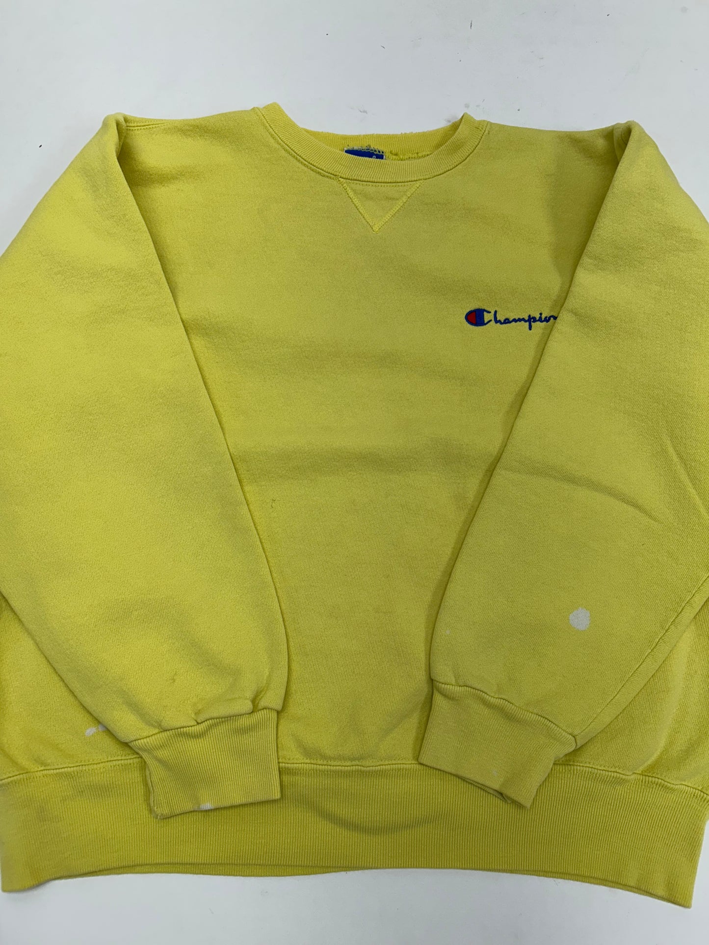 Vintage Champion Chest Script Logo Crewneck Sweatshirt Worn In Well Yellow USA Boxy Fit M/L 24.5x25 Inches As Is