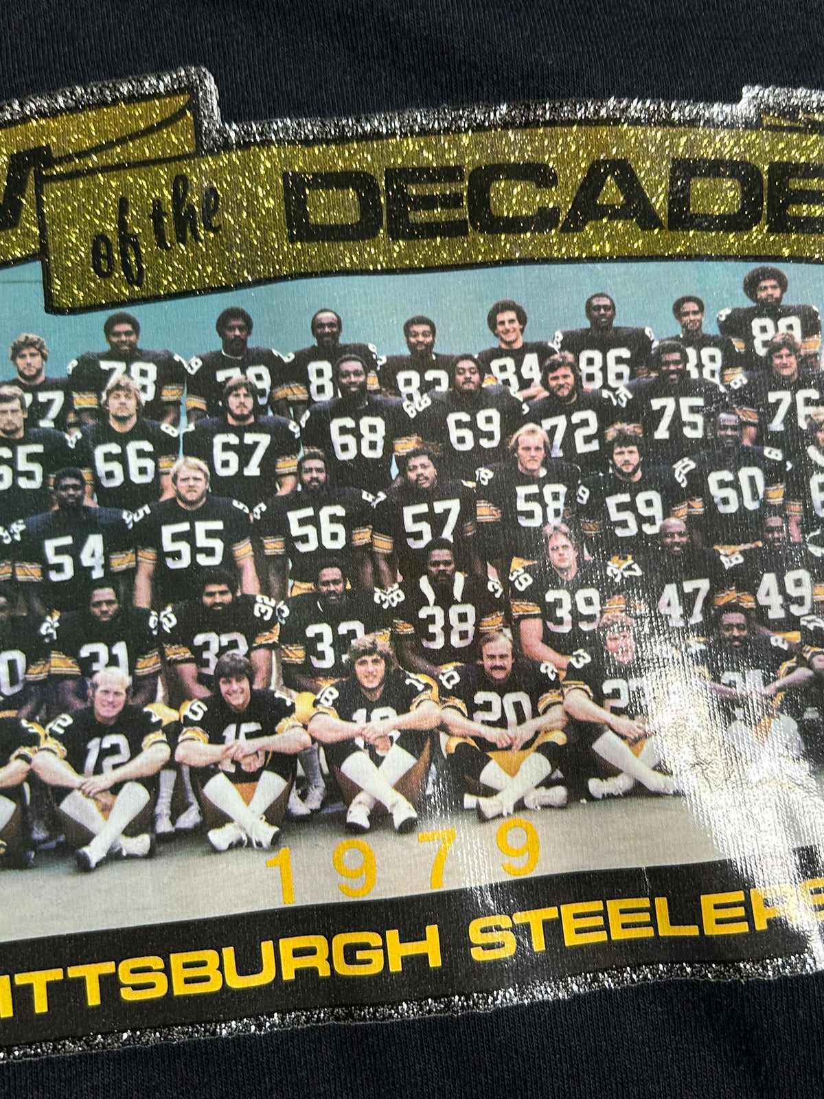 Vintage Pittsburgh Steelers Team Of The Decade 1979 NFL Gel Team Photo Tee Russell L/XL Fit 22x29.5 Inches