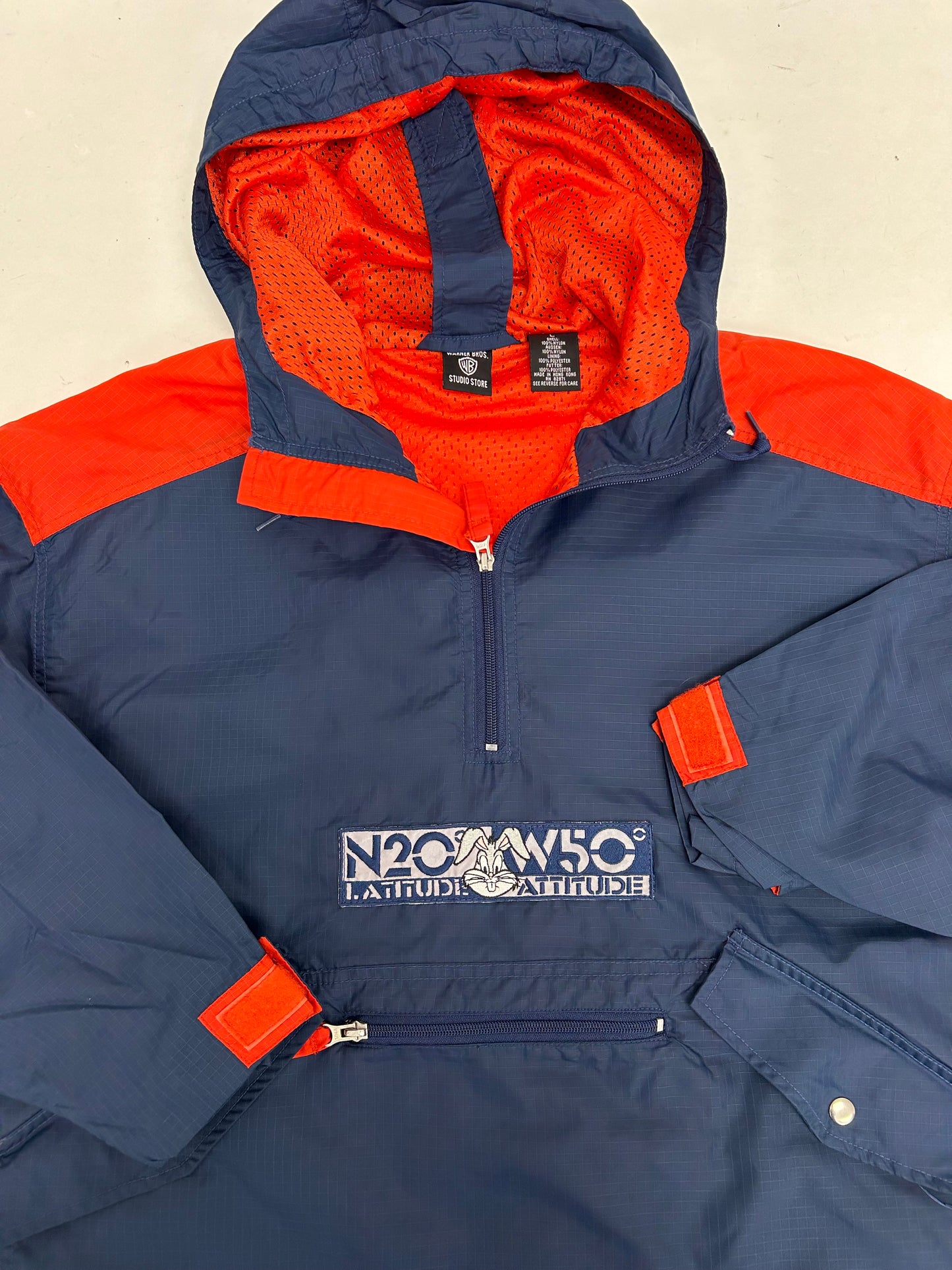 Vintage 1996 Warner Bros. Looney Tunes Bugs Bunny Longitude/Latitude Windbreaker Jacket Large 27.25x29.25 Inches Can Fit XL