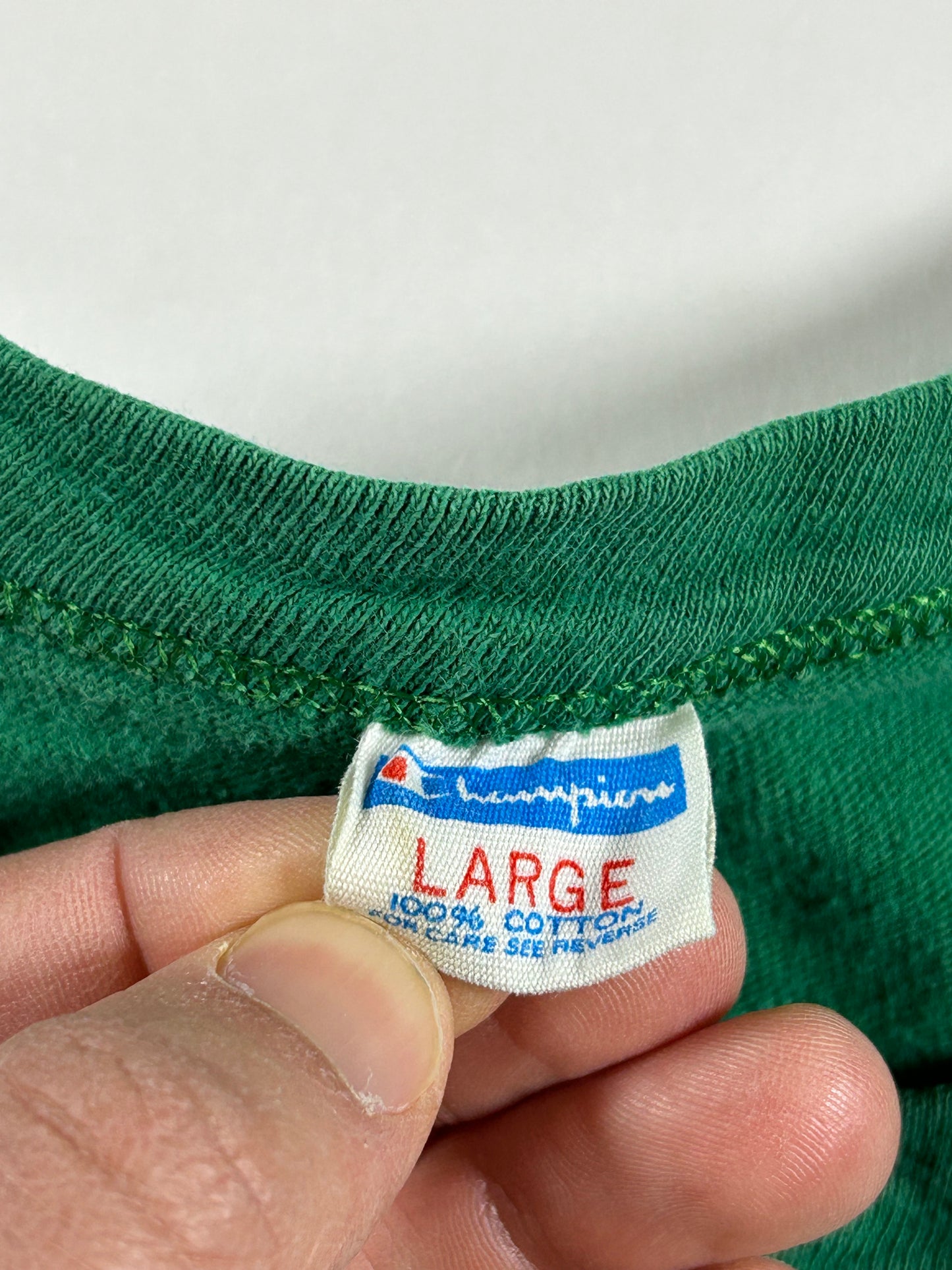 Vintage 70s Notre Dame Champion Blue Bar Green Jersey Style Tee 18.25x26 Inches Small Fit As Is