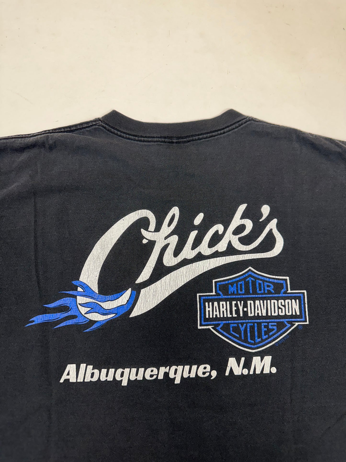 Vintage 90s Harley Davidson Motorcycles Chick’s Albuquerque, N.M. American Legend Tee Large 22.25x28.75 Inches