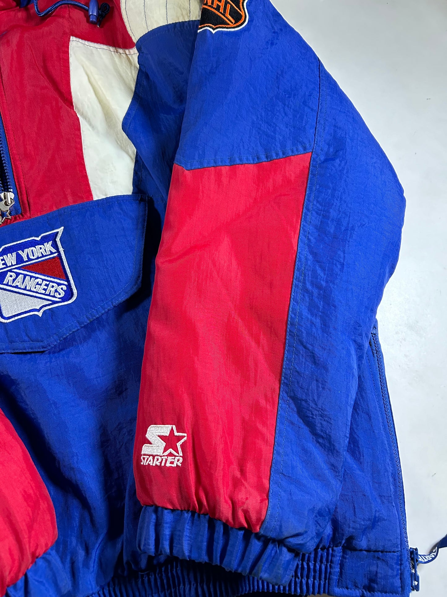 Vintage 90s Starter New York Rangers NHL Pullover Puffer Jacket Half Zip Hooded Jacket XL 29x30.25 Inches