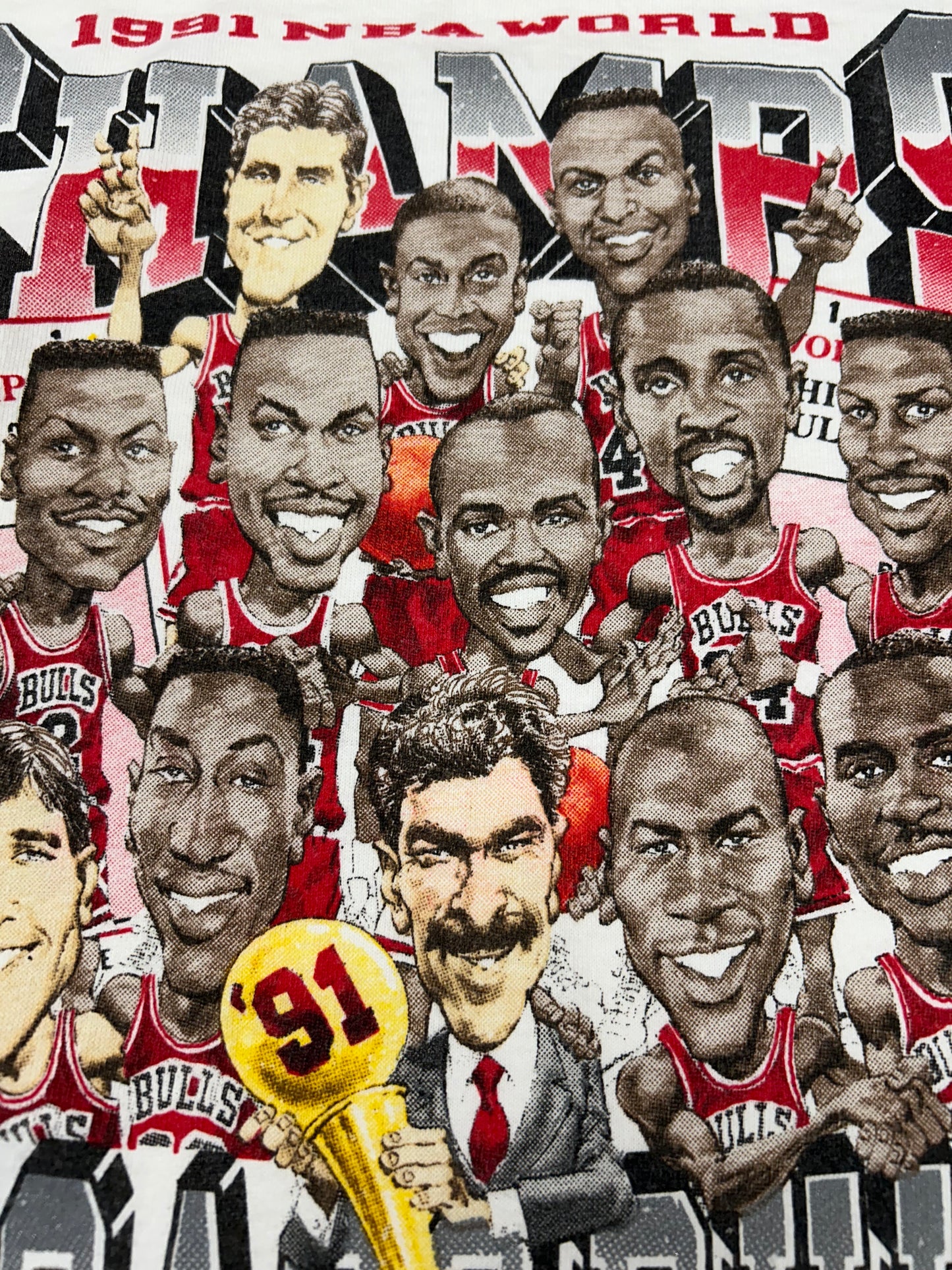 Vintage 1991 Chicago Bulls NBA World Champs Caritcure Team First Championship Salem Sportswear Graphic Tee L/XL 22.25x30.75 Inches